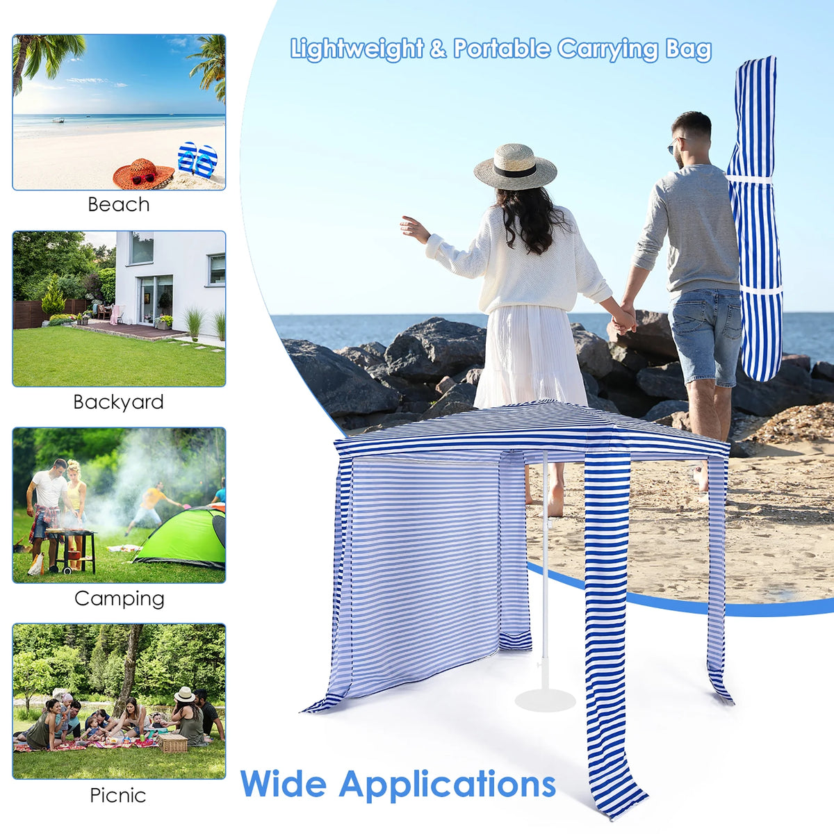 Costway 6.6' x 6.6' Foldable Beach Cabana Easy-Setup Beach Canopy W/ Carry Bag Blue