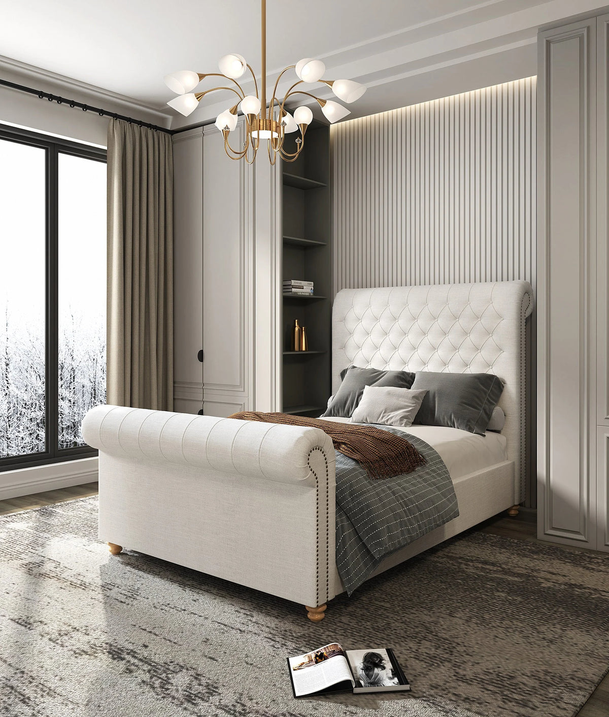 Manhattan Comfort Empire Fabric Upholstered Queen Bed Frame in Cream