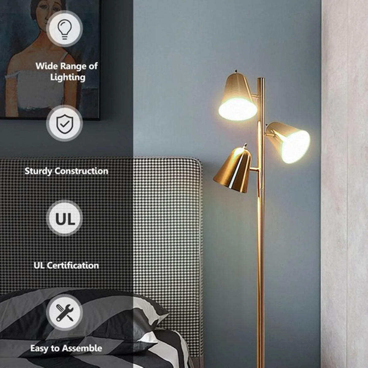 Devo Floor Lamp with 3 LED Edsion Bulb Super Bright Tree Floor Lamps with 360° Adjustable Rotating Shades, Independent Switch Control Reading Light Standing Tall Pole Lamps for Living Room Bedroom