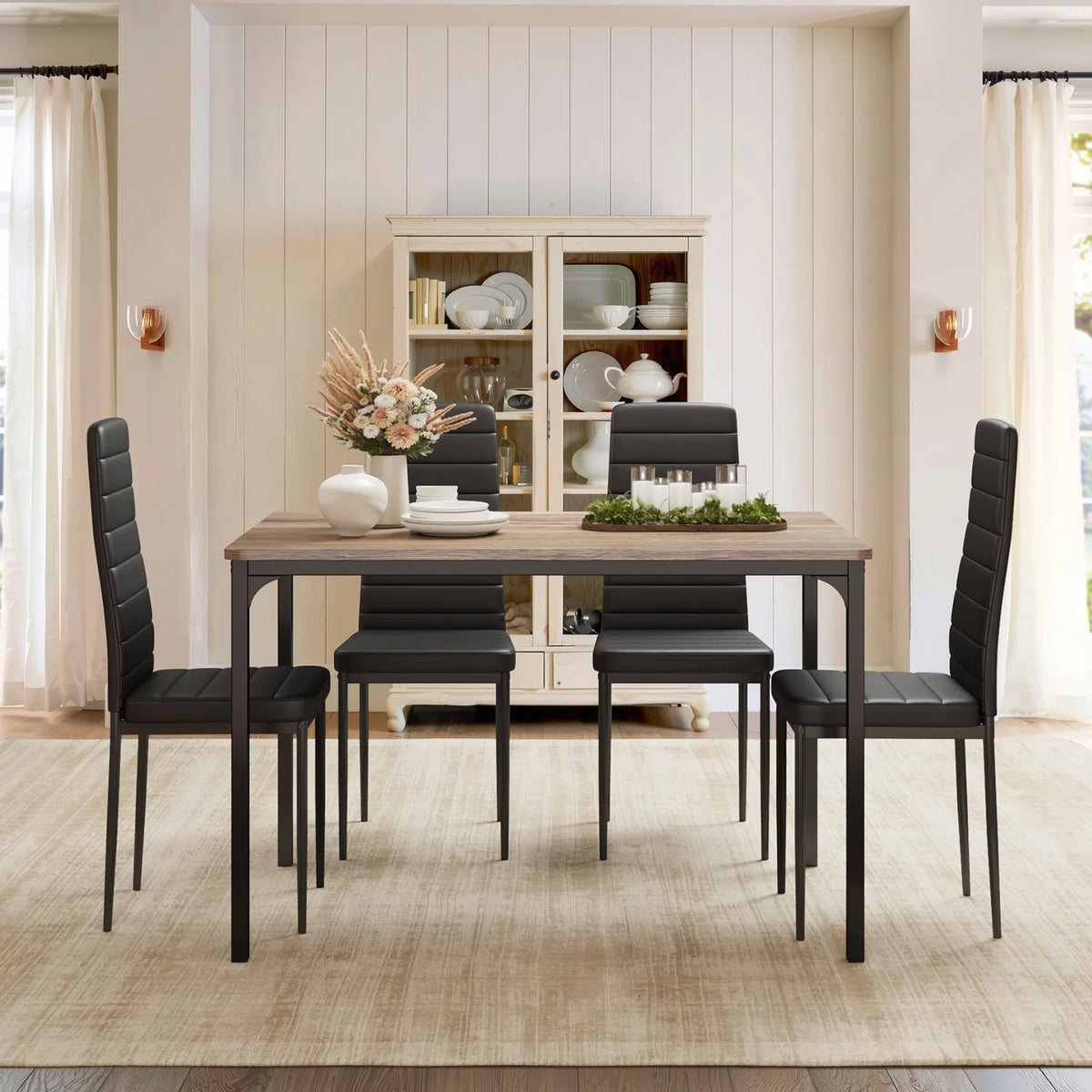 Aiho 5-Piece Modern Dining Set, Metal & Wood Table & 4 Chairs, Space-Saving for Small Spaces & Apartments, Retro