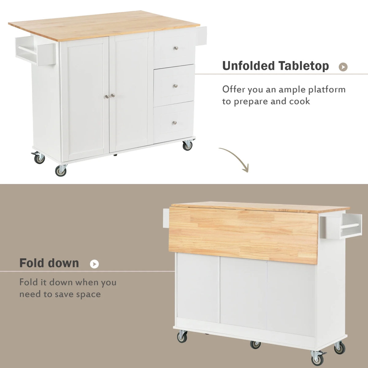 Kitchen Cart with Solid Wood Top and Drop Leaf Breakfast Bar, Rolling Mobile Kitchen Island with Storage, Spice Rack and Towel Rack, 52.7 Inch Width, Grey Blue