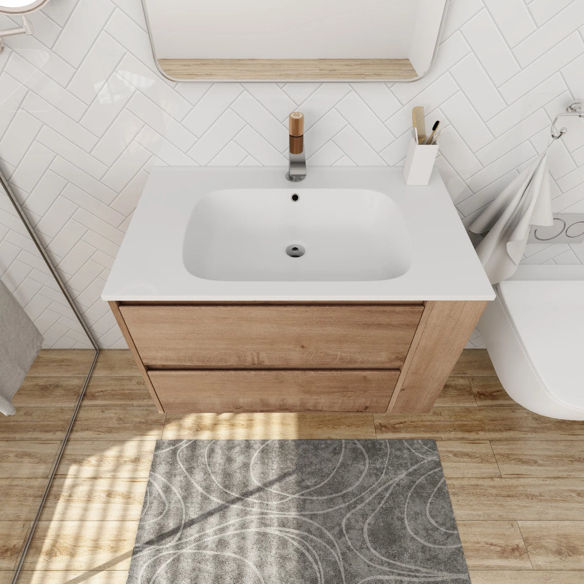30" Bathroom Vanity with Sink Set, Wall Mounted Floating Bathroom Vanities with Adjustable Shelf and Storage Drawers Vanity and Sink Combo, Bathroom Storage Combo Cabinet for Small Space, White