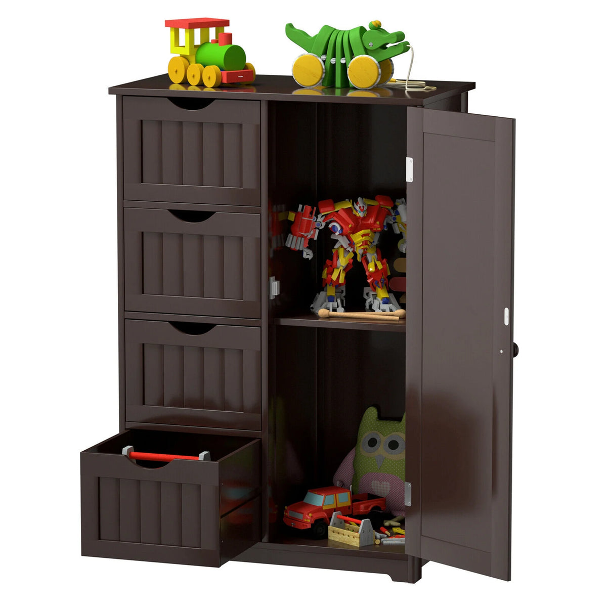 Gymax Bathroom Floor Cabinet Storage Organizer Cupboard w/ 4 Drawers Adjustable Shelf Grey