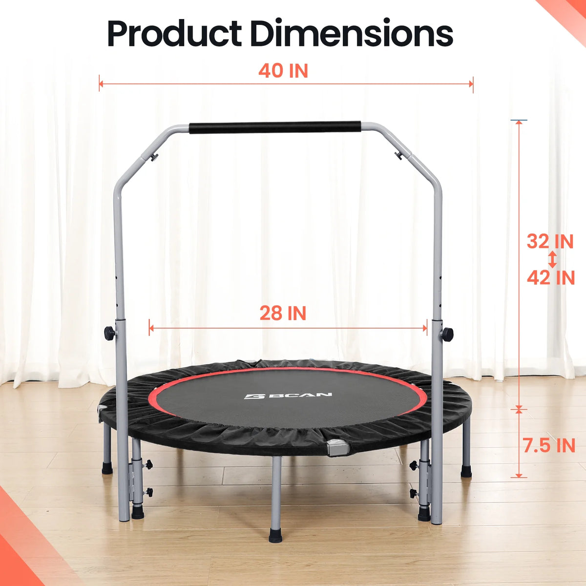 BCAN 40" Foldable Trampoline, Fitness Rebounder with Adjustable Foam Handle, Exercise Trampoline for Adults/kids Indoor/Garden Workout Max Load 330lbs