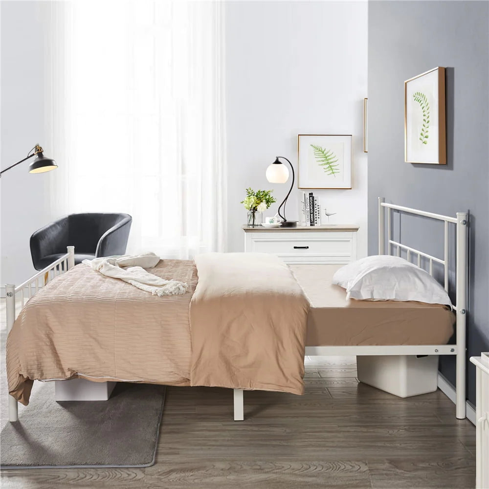 Topeakmart Metal Twin Bed Frame Slatted Bed Base with Headboard and Footboard, White