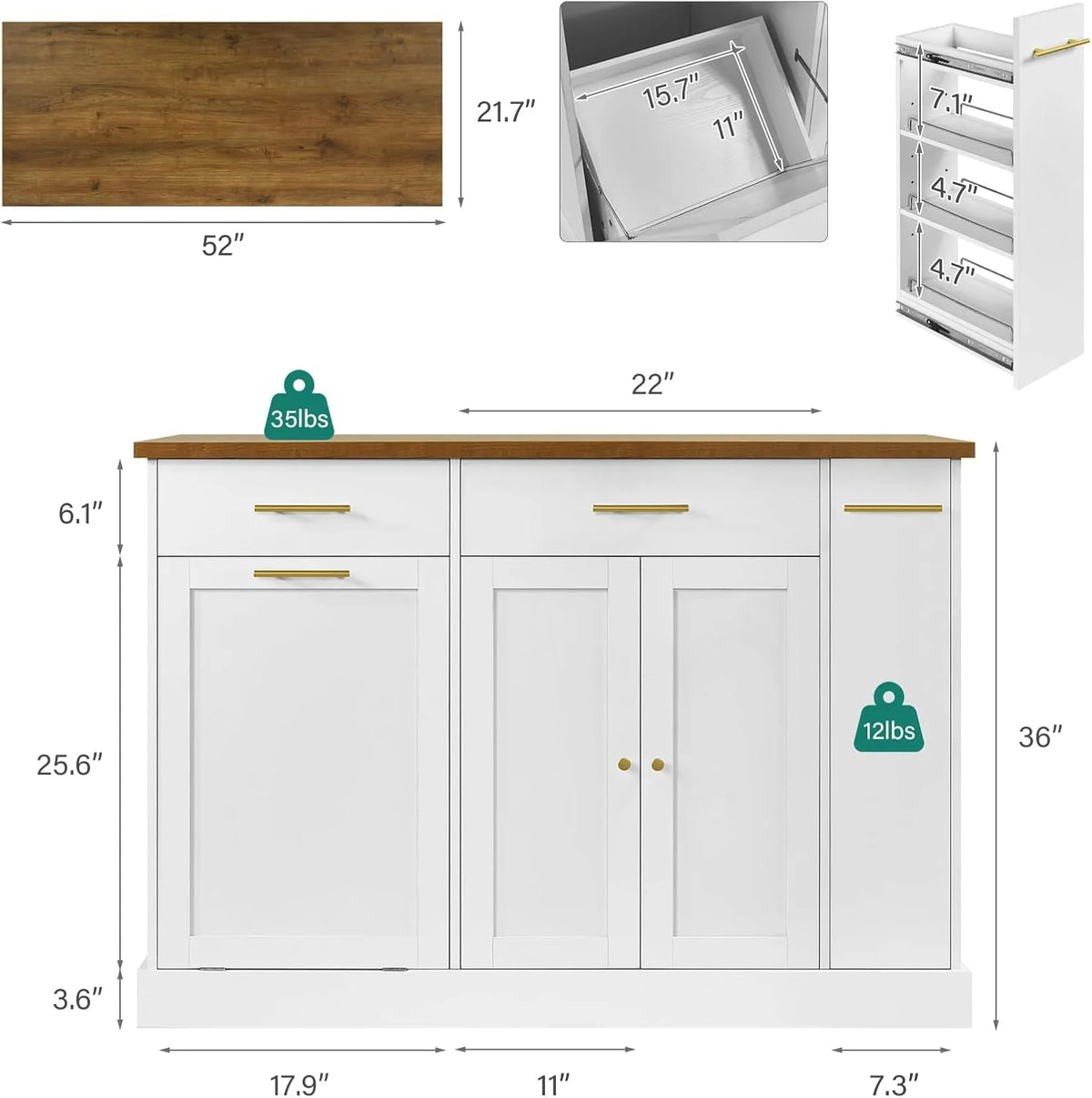DreamCurship 52" Kitchen Island with Storage, Rolling Kitchen Cart Island with Wheels, Tilt Out Kitchen Trash Cabinet 10 Gallon Storage, 3 Large Spice Racks and 2 Drawers, White