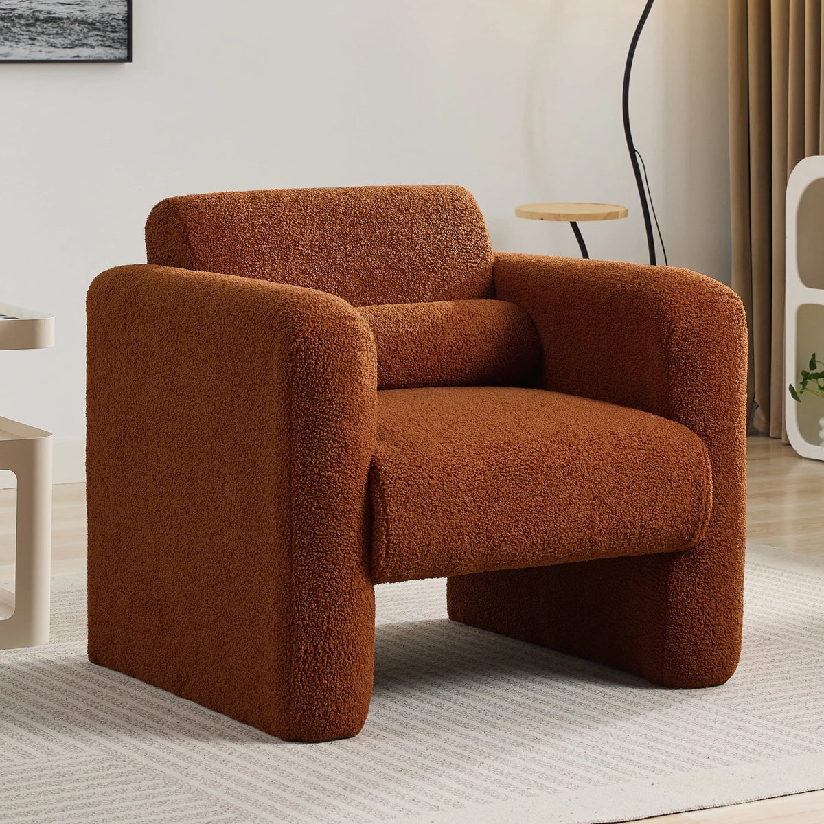 Euroco Modern Accent Chair Lambskin Sherpa Fabric Upholstered Comfy Reading Arm Chair Soft Padded Armchair with Back and Pillow,Burnt Orange