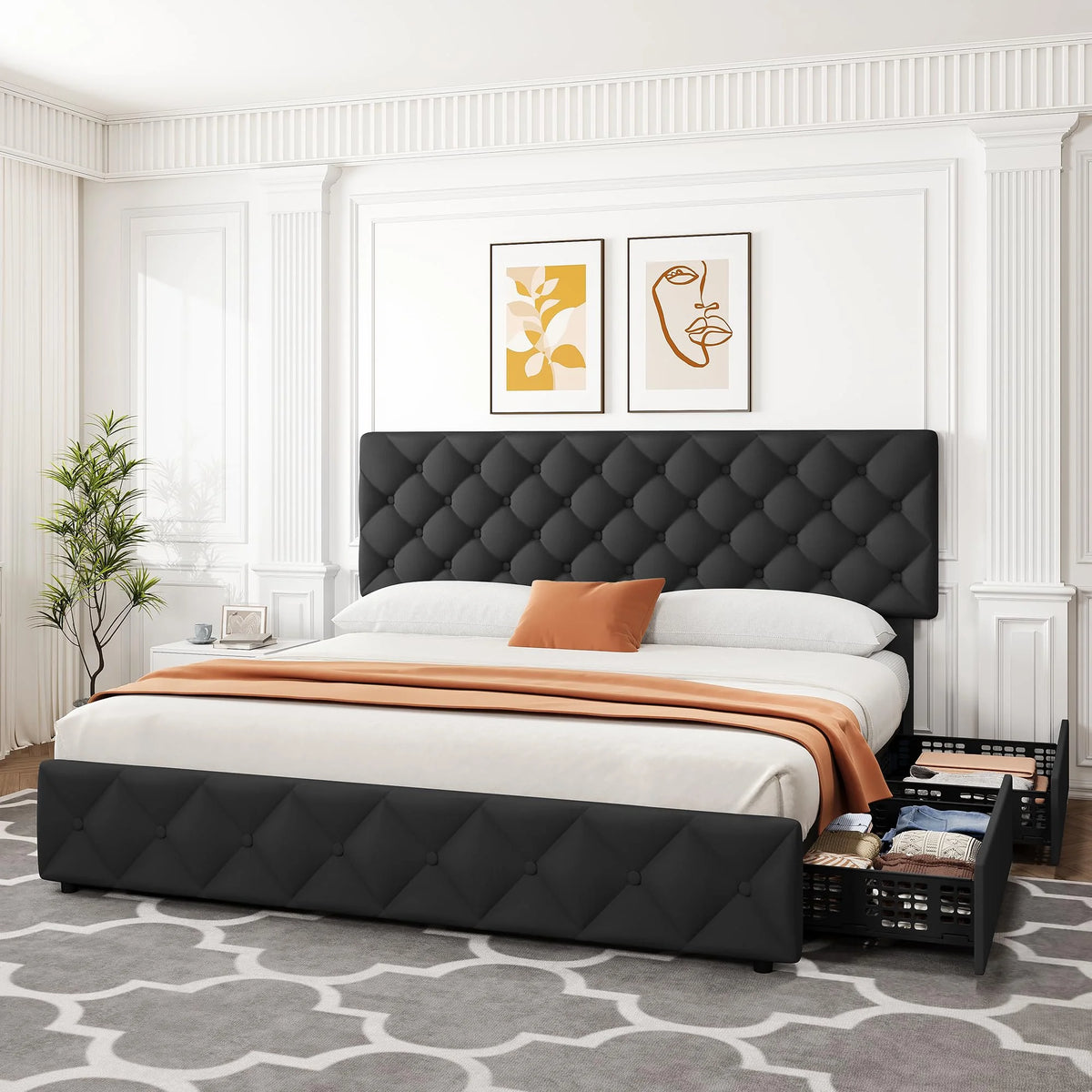 TROPOW Full Size Bed Frame,with 4 Storage Drawers and Adjustable Headboard, Linen Upholstered Platform Bed Frame, Diamond Stitched Button Tufted, No Box Spring Needed,White