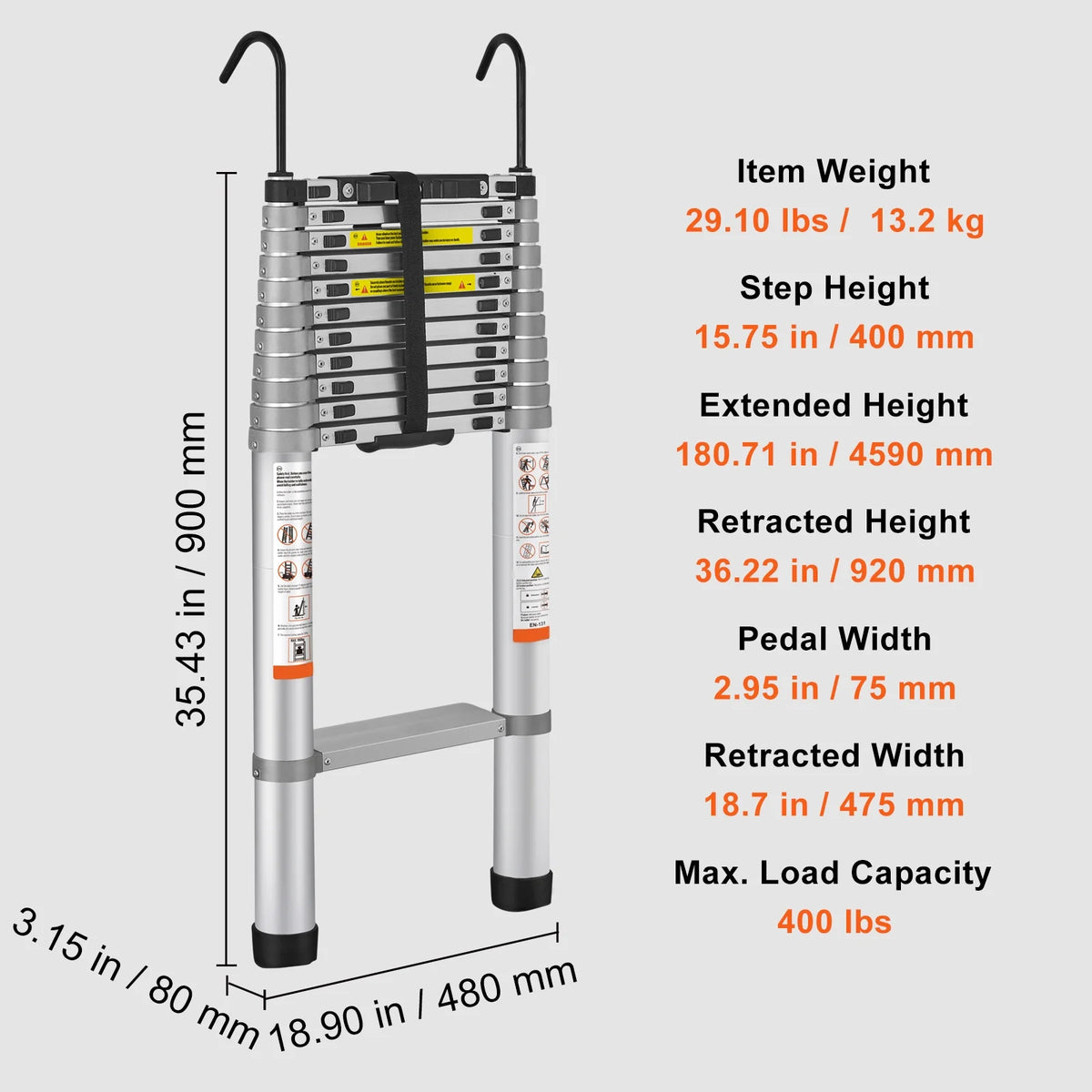 BENTISM 15 FT Telescoping Ladder, 400 lbs Load Capacity Aluminum Telescopic Extension Ladder, Multi-purpose Collapsible Ladder for RV, Home or Outdoor Work