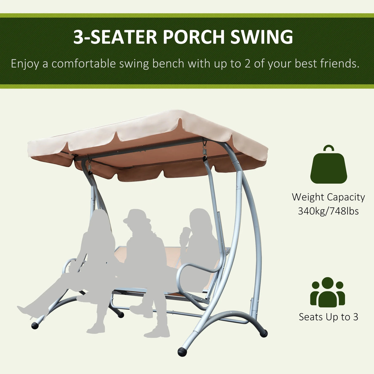 Outsunny 3 Person Patio Swing Seats, Porch Swing with Stand & Adjustable Canopy, Heavy Duty Outdoor Swing Chair Bench for Adults, Black