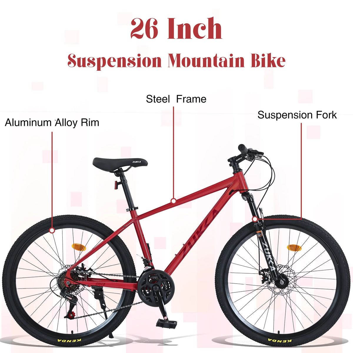 Aukfa 26" Mountain Bike for Men/Women,24 Speed Adult Bicycle Suspension Fork,Fits Riders 5'4" - 6'2"Red