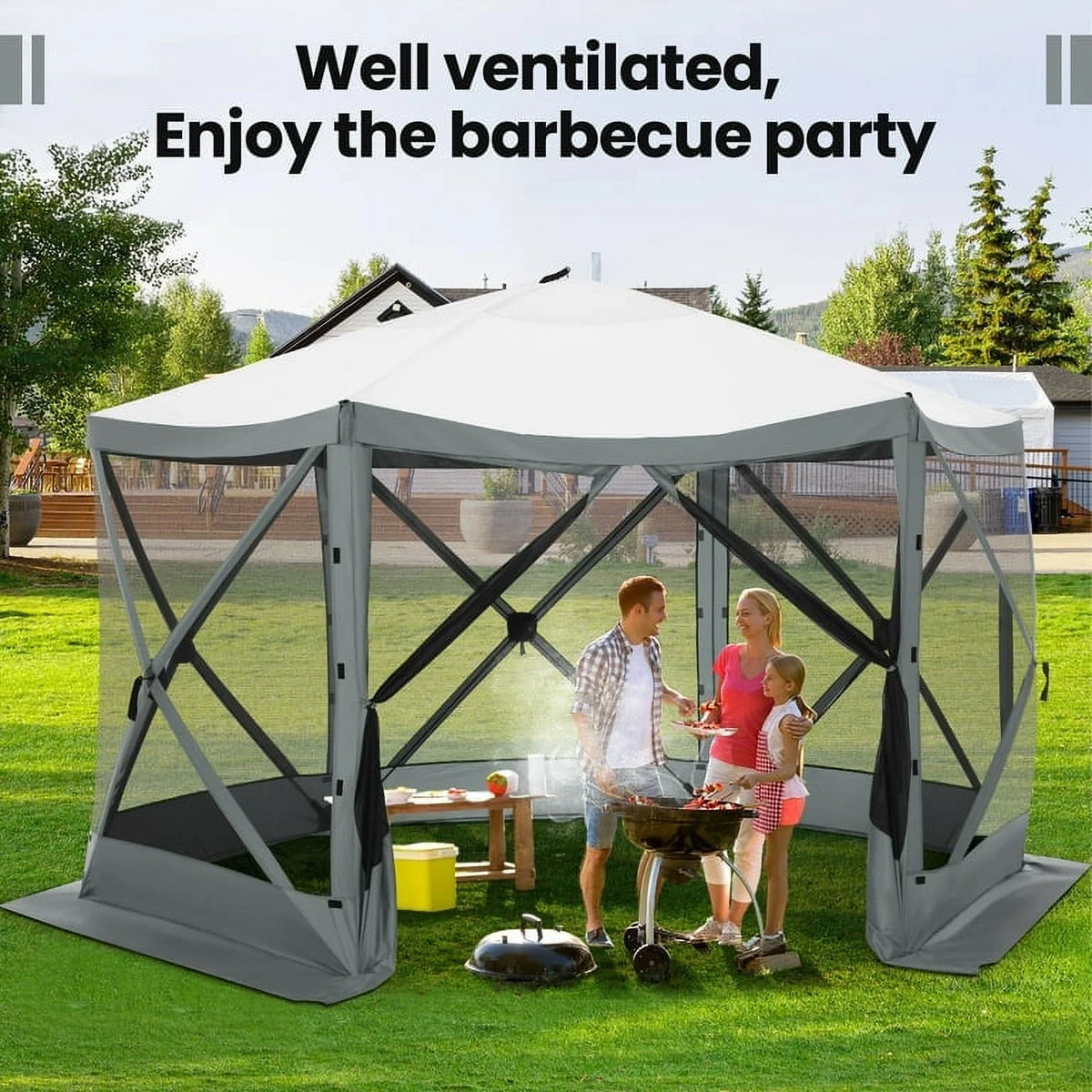 SANOPY 12'x12' Gazebo Outdoor Pop up Gazebo Screen Tent with 6 Sides Mosquito Netting Camping Gazebo Instant Shelter Glamping Tent with Carry bag, Ground Spike, Gray