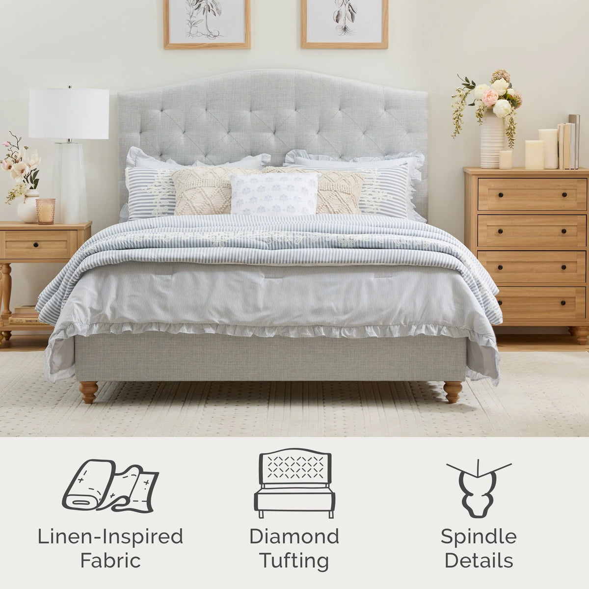 My Texas House Anna Upholstered Diamond Tufted Platform Bed, Queen, Light Gray