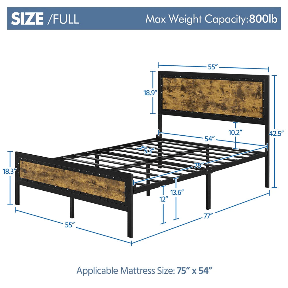 Topeakmart Industrial Metal Bed Frame with Wooden Headboard and Footboard, Full Size, Rustic Brown