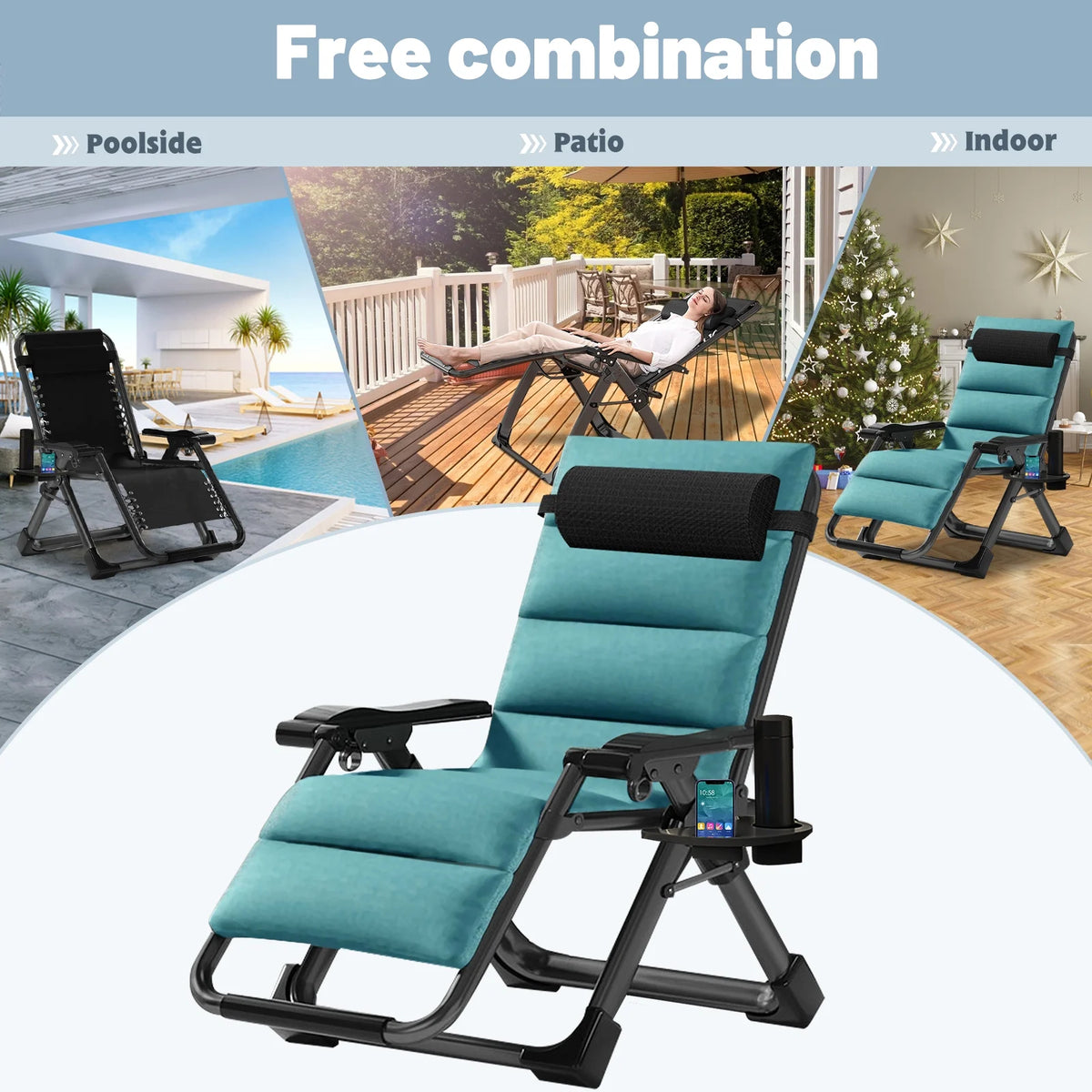 NAIZEA Outdoor Zero Gravity Chair Camping Recliner Lawn Recliner, Reclining Patio Lounger Chair, Folding Portable Chaise with Detachable Soft Cushion, Cup Holder, Headrest