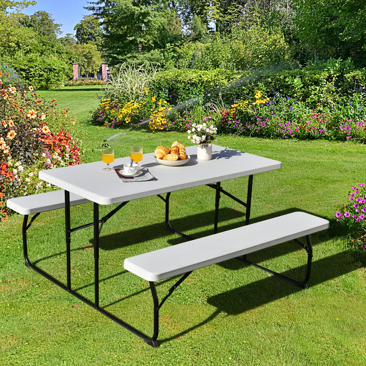 Costway Indoor & Outdoor Folding Picnic Table Bench Set w/ Wood-like Texture Grey