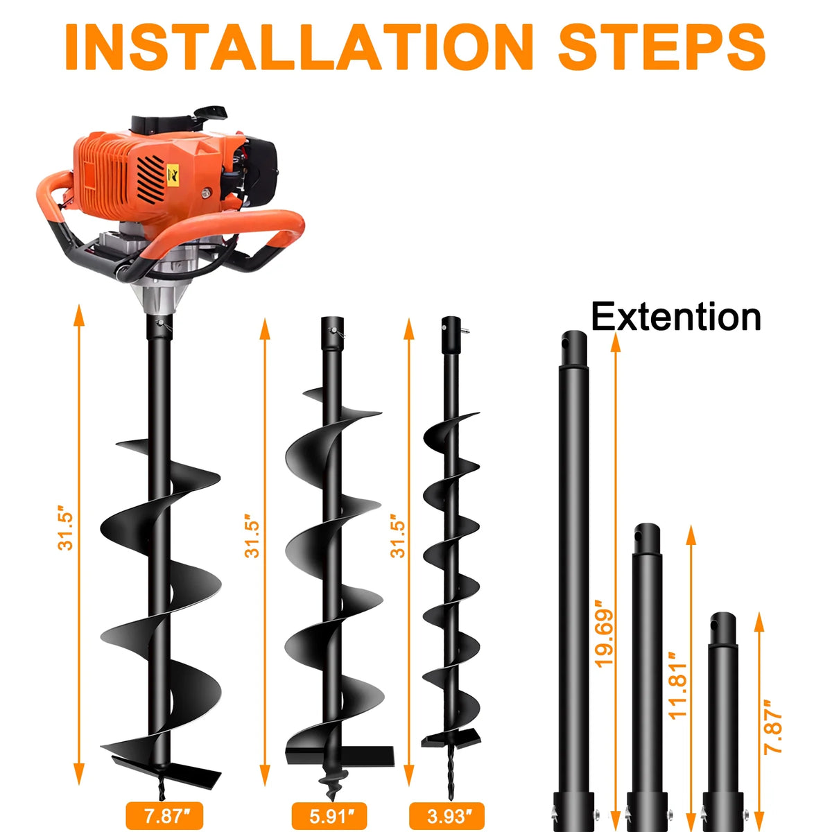 PRIJESSE Gas Powered Earth Digger Post Hole Digger with 3 Extension Rods + 3 Auger Drill Bits