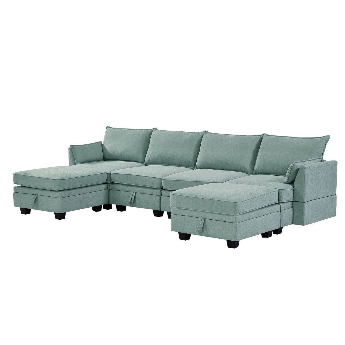 Euroco Large U-Shaped Sectional Sofa 6 Seat Convertible Sofa with Storage Seat, Modular Sofa with 2 Stools, Green