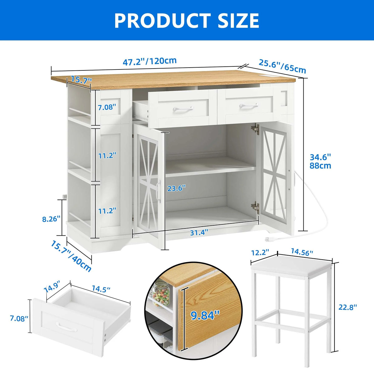 DEXTRUS Kitchen Island with Seating & Drop Leaf, Kitchen Island on Wheels with Doors & Drawers, White