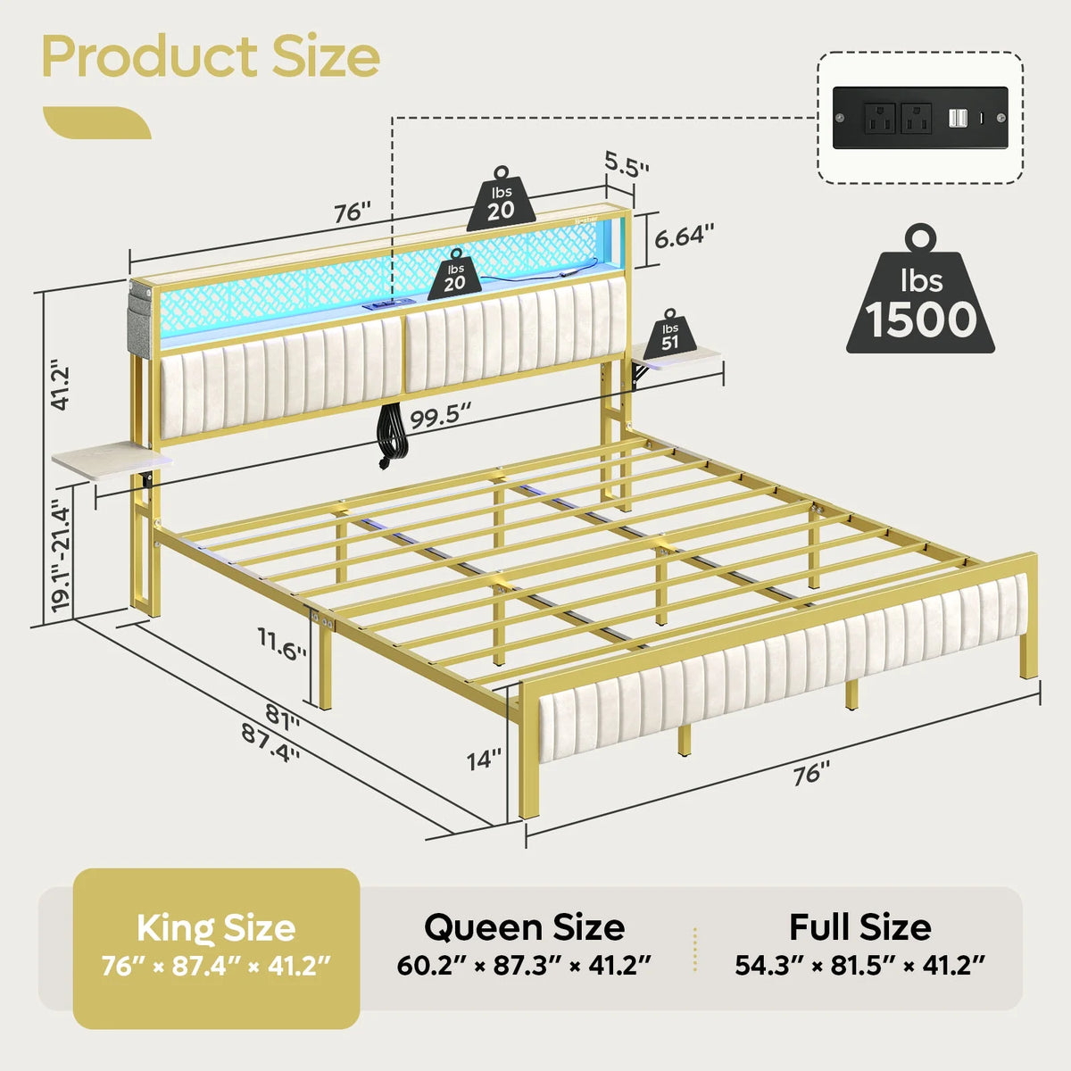 Bestier Queen Size Platform Bed Frame with Wood Foldable Bedside Shelves and LED Storage Headboard Charge Station, Gray