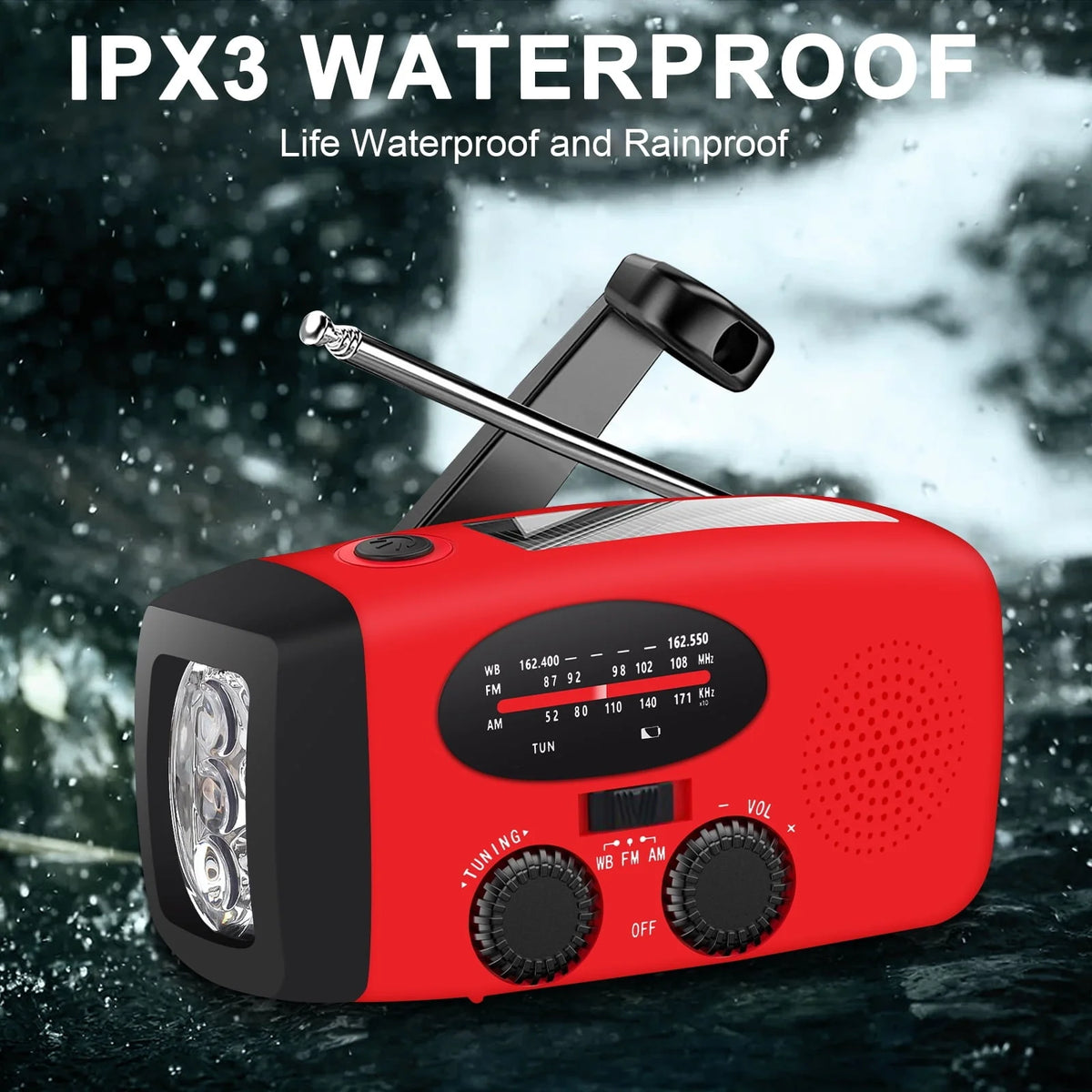 TSV Emergency Radio, Solar Hand Crank Self-Powered Weather Radio with 1200mAh Rechargeable Battery, Bright LED Flashlight, for Household Emergency, Outdoor Survival