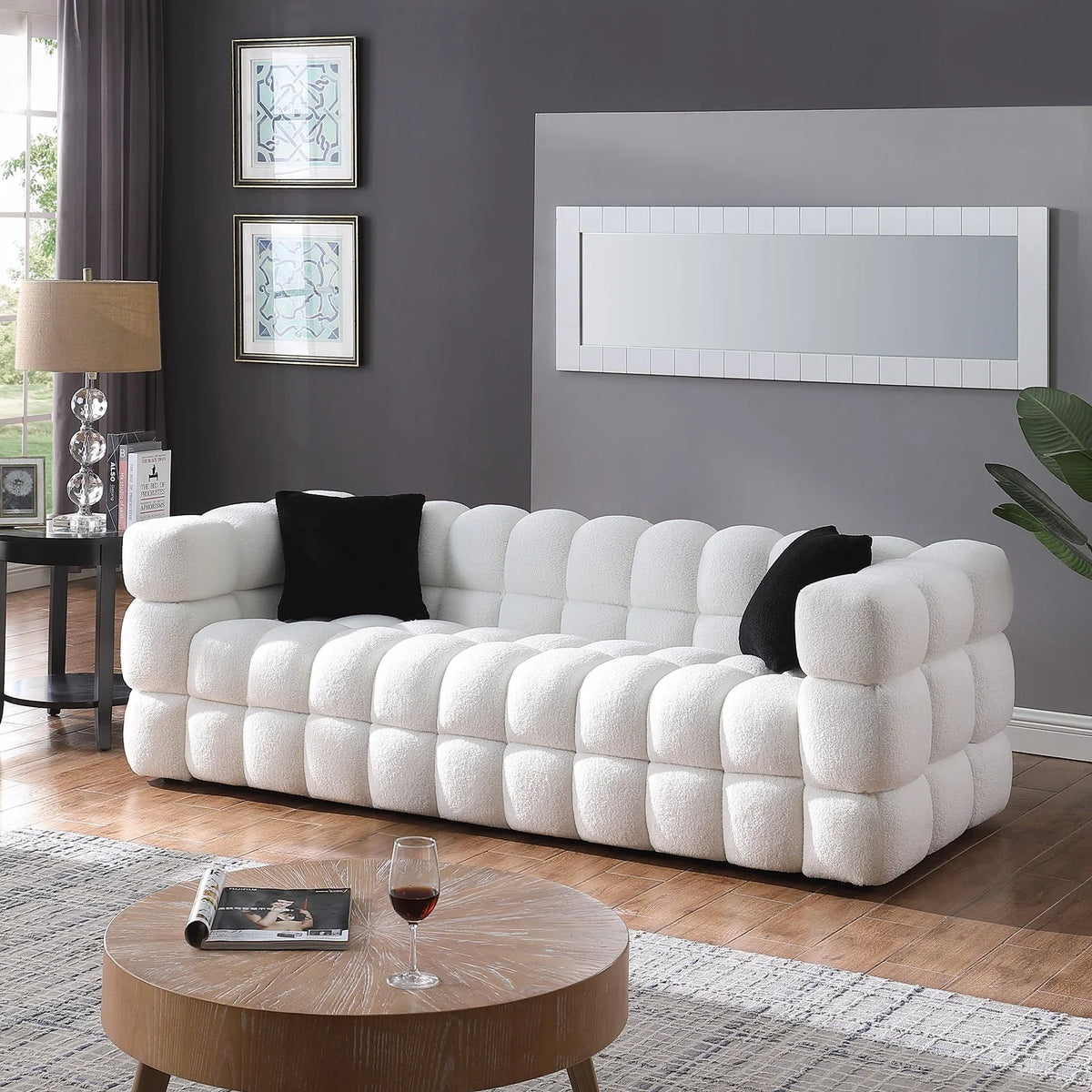 Holaki 3 Seater Sofa, 84.3" Modern Large Marshmallow Sofa with Boucle Arm, White