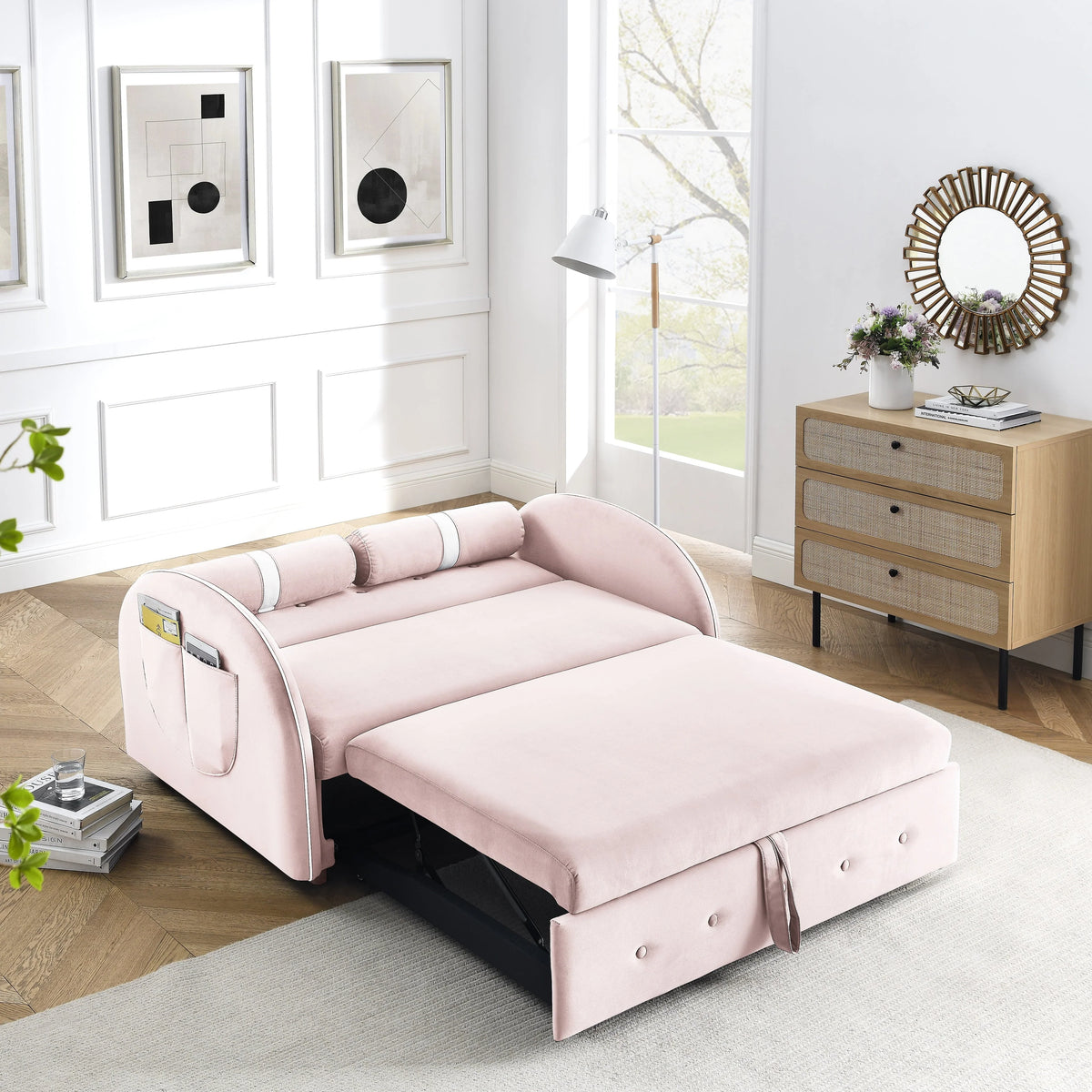 Modern Pull Out Sleeper Sofa Bed, Velvet Convertible Couch Loveseat with Adjsutable Backrest Side Pockets for Living Room Bedroom Apartment Office