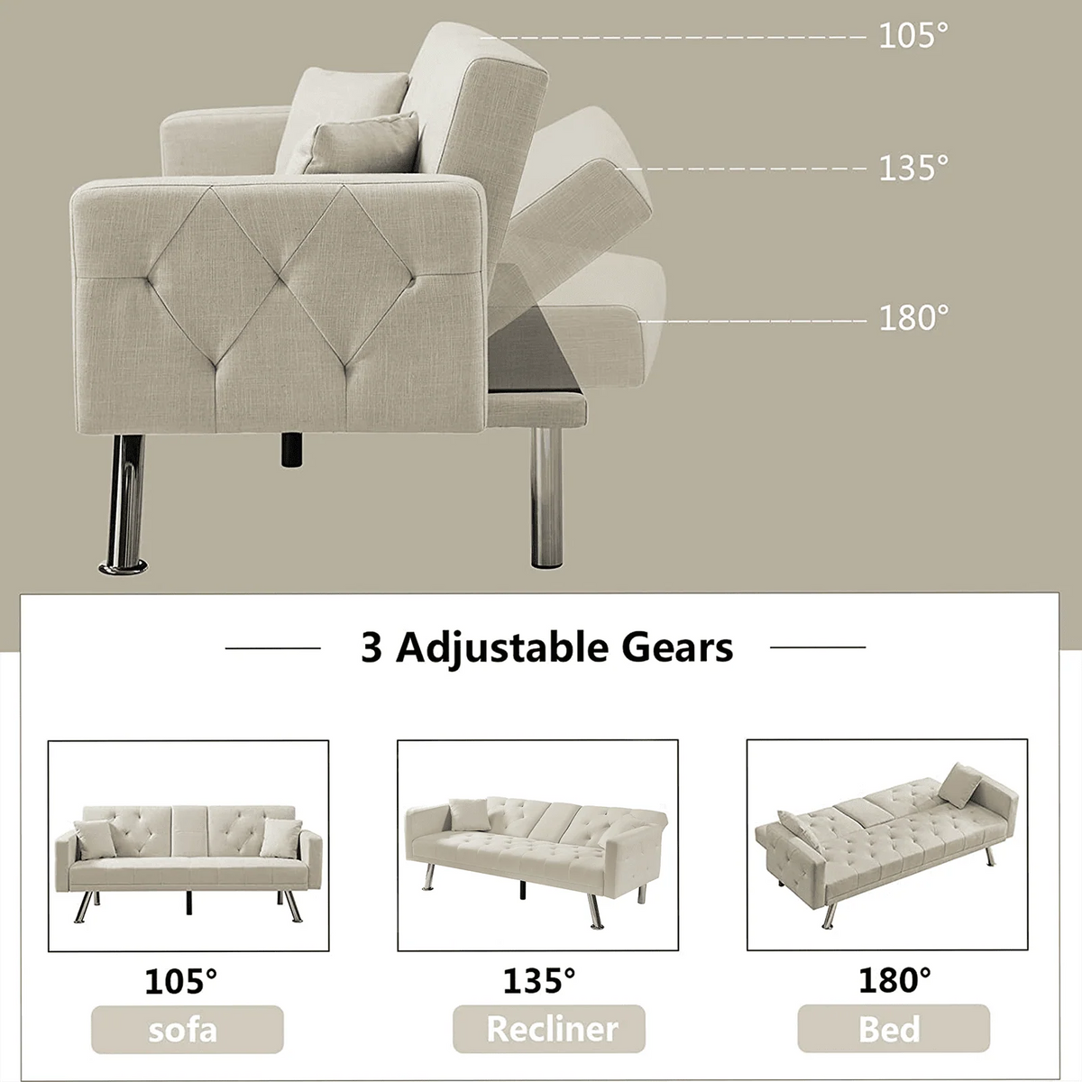Modstyle 76" Fabric Futon Sofa Bed with Adjustable Backrest & Cup Holder, Beige