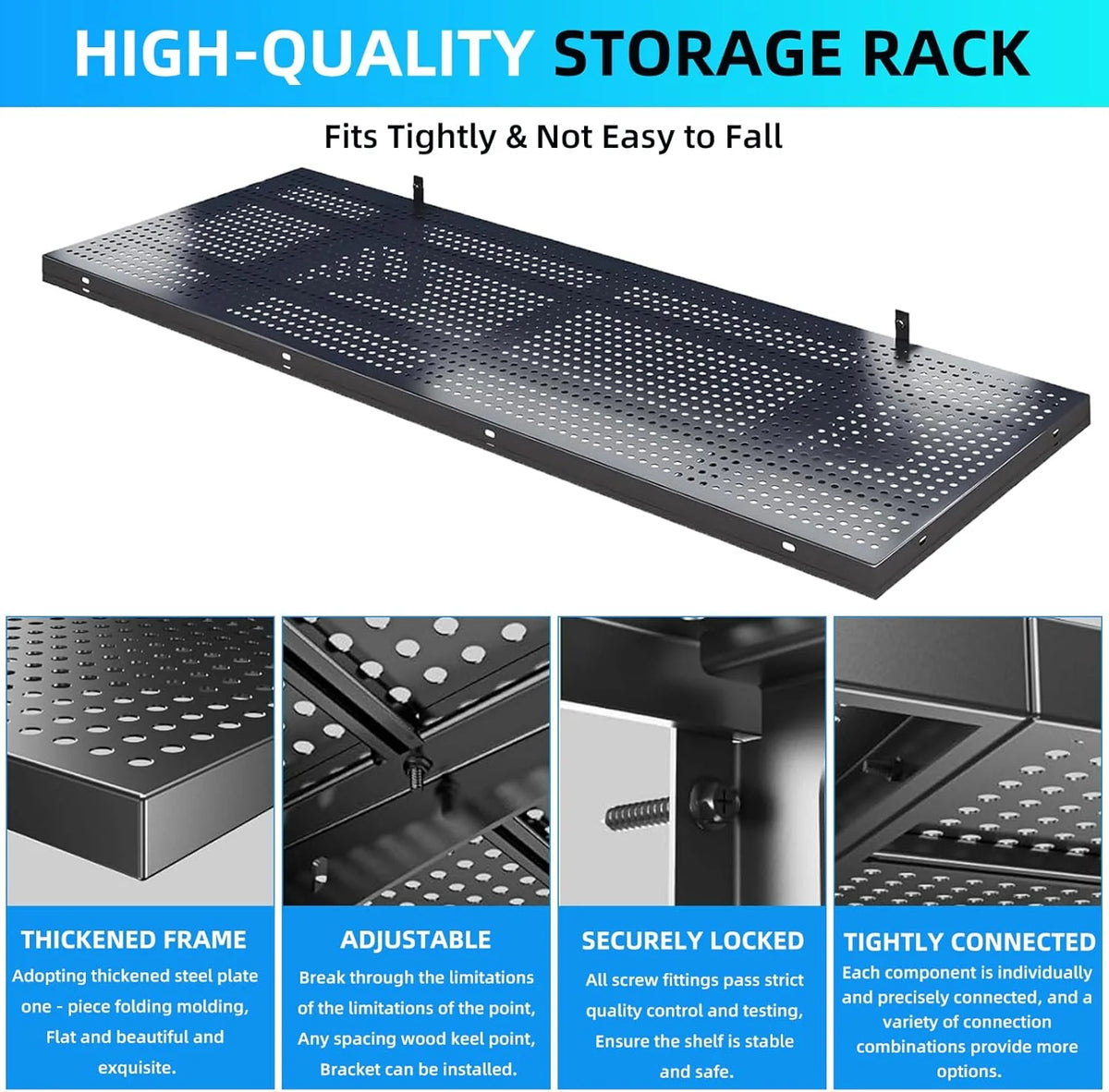 2-Pack Heavy Duty Adjustable Garage Wall Shelving, 520 lbs Load Capacity, 1.64x4ft Garage Shelving Wall Mounted, Floating Storage Rack with Hooks