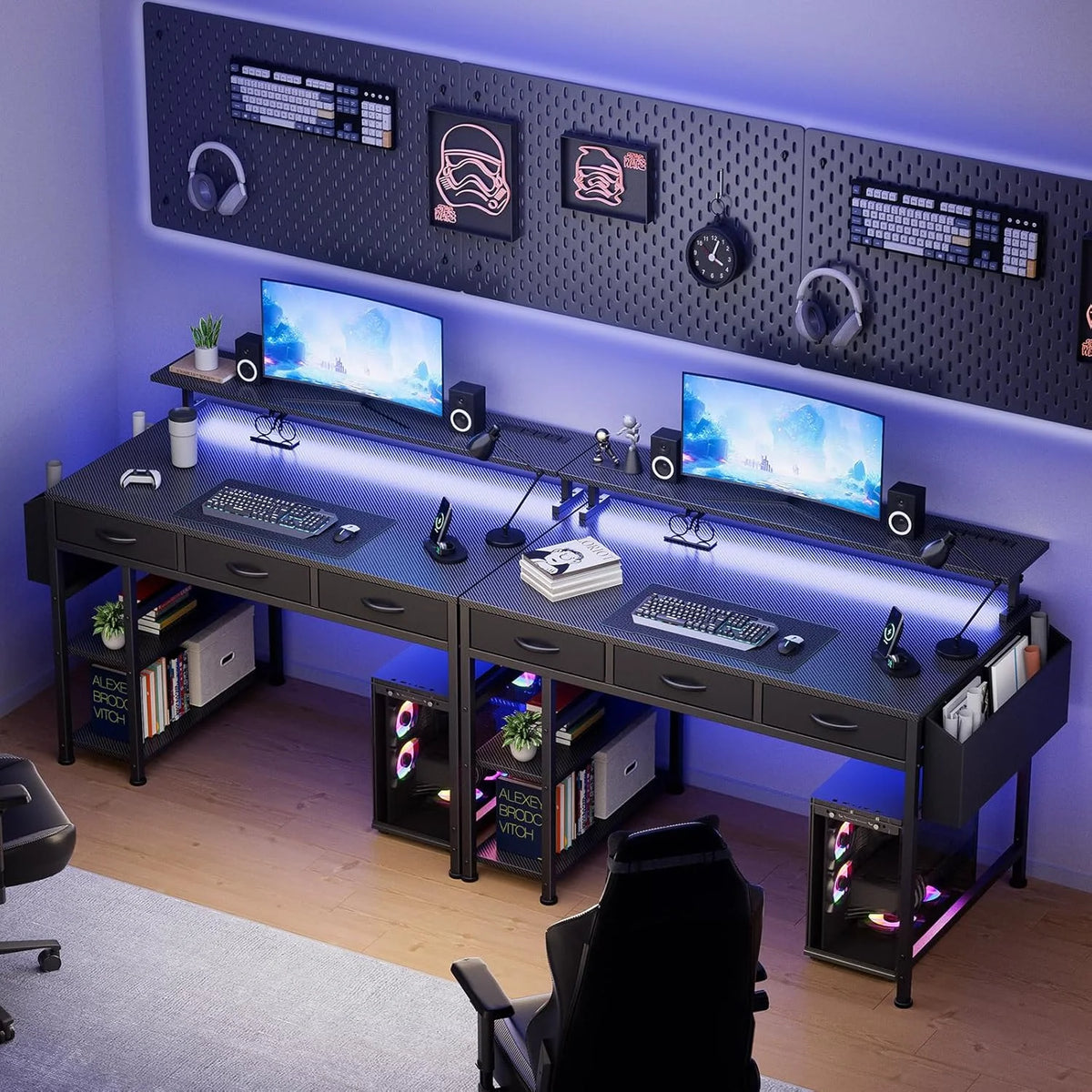 Upgo 55" Gaming Desk with Adjustable Storage Rack & LED Lights, Power Outlets for Adult and Teen