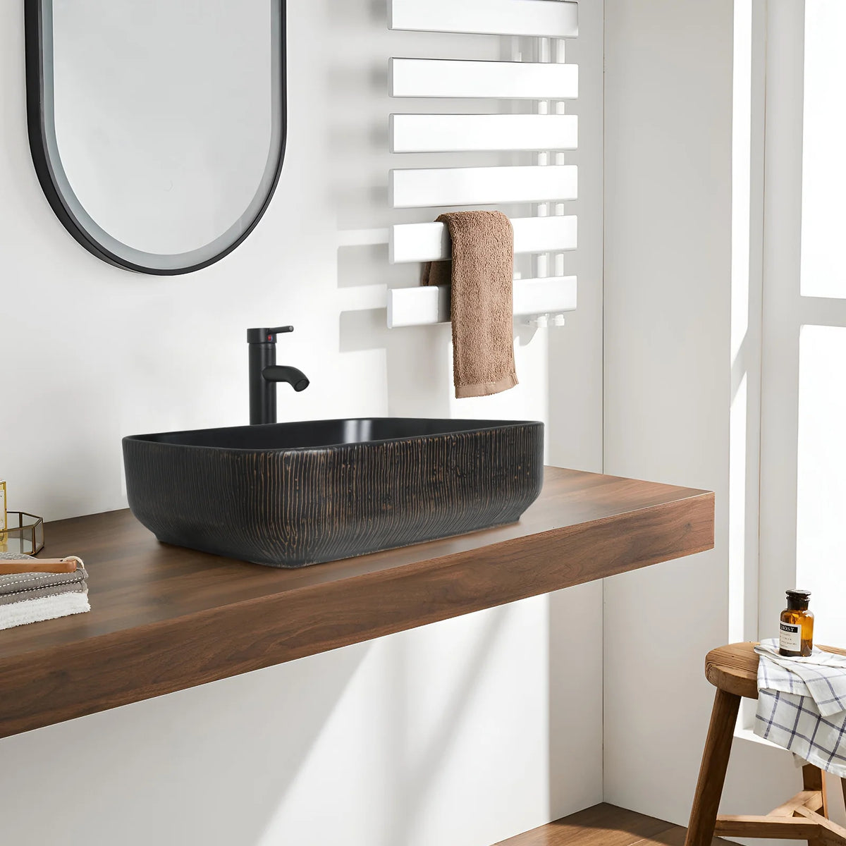 FULLWATT Bathroom Ceramic Sink Vanity Vessel Basin Porcelain Faucet Drain Combo Rectangle,White