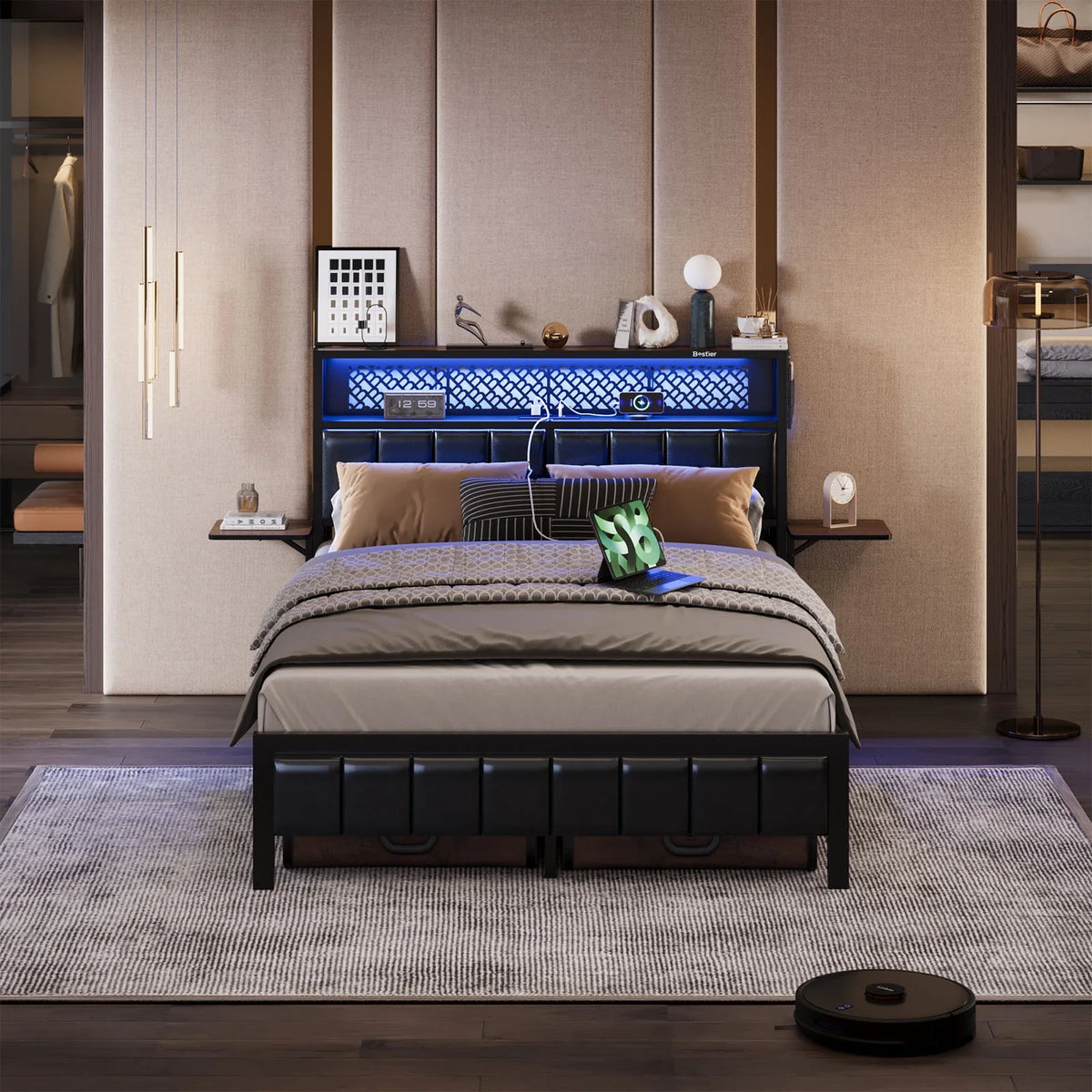 Bestier Queen Size Platform Bed Frame with Wood Foldable Bedside Shelves and LED Storage Headboard Charge Station, Gray