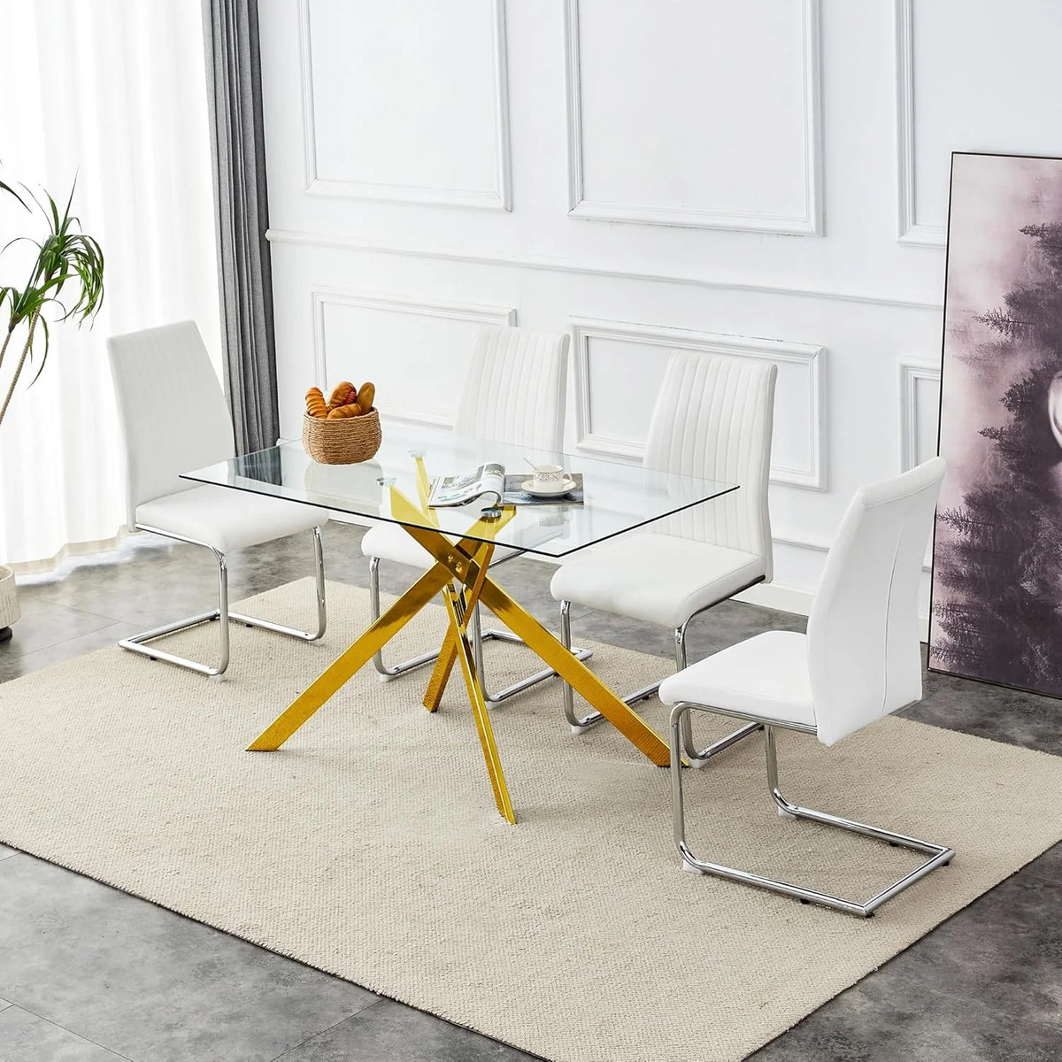 SSYBAB Glass Dining Table for 4 People, 51.2 Inches Rectangular Glass Kitchen Table with Silver Steel Legs, Modern Dining Room Table for Dinner Kitchen Dining Room