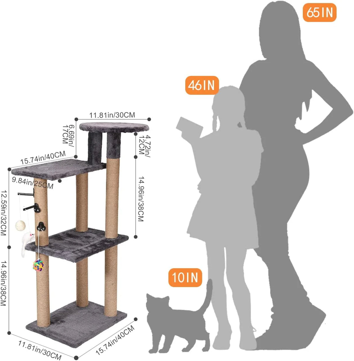 PinkSheep 4 Tier Cat Tree Tower Scratching Post Climber with Sisal Toys & Cat Perch Bed for Small Medium Cats Gray
