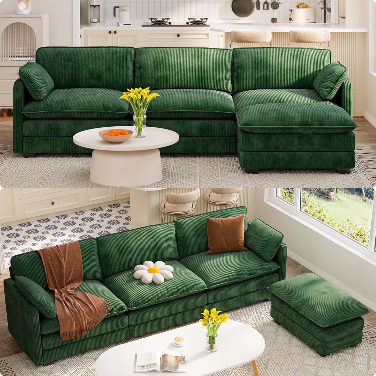 Lofka 110�� Modular Sectional Sofa Bed with Double Layer Cushions and Movable Ottoman, Modern Comfy Cloud Couch for Living Room, DIY Combination, Green
