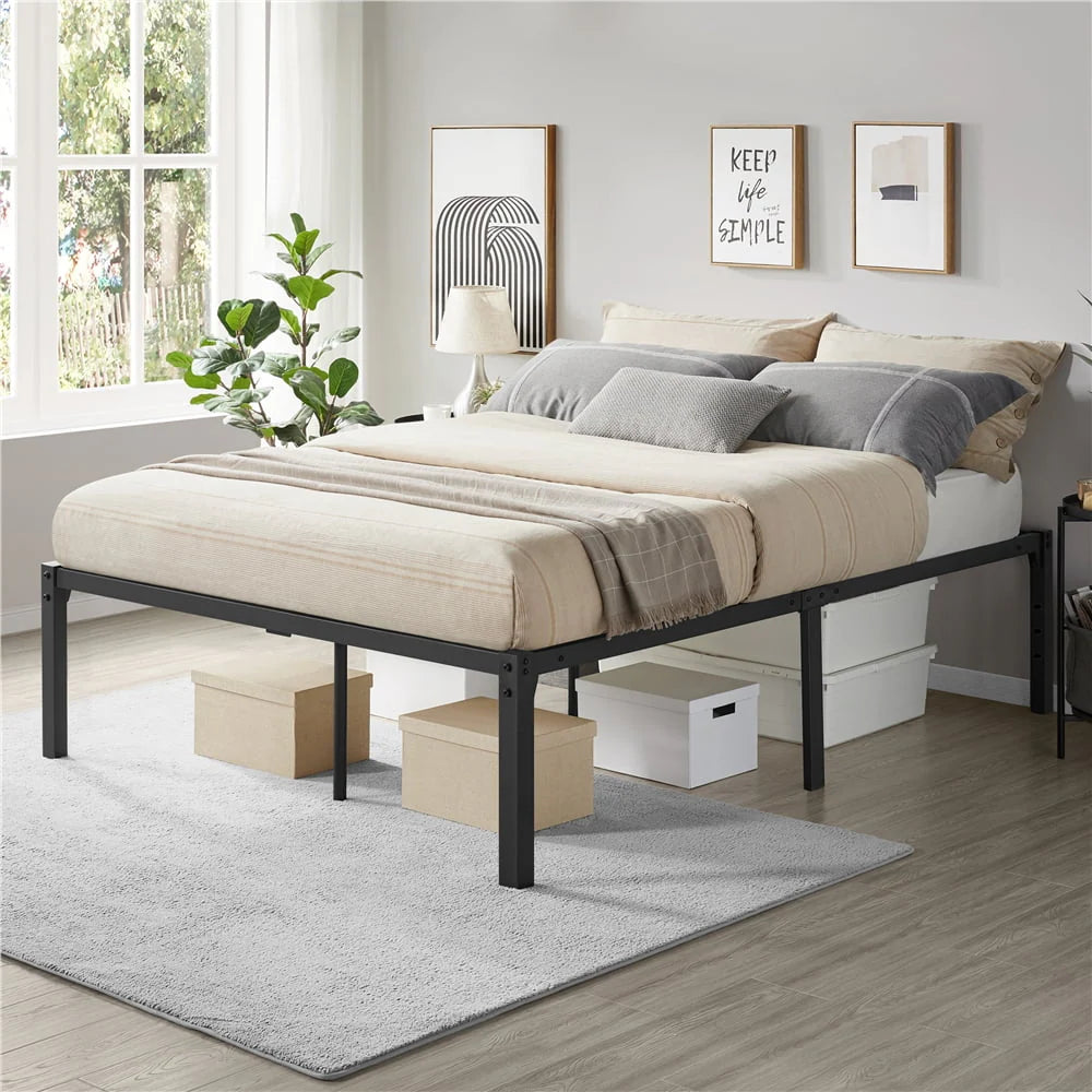 Alden Design Metal Platform Queen Bed Frame with Heavy Duty Steel Slat Support, Black