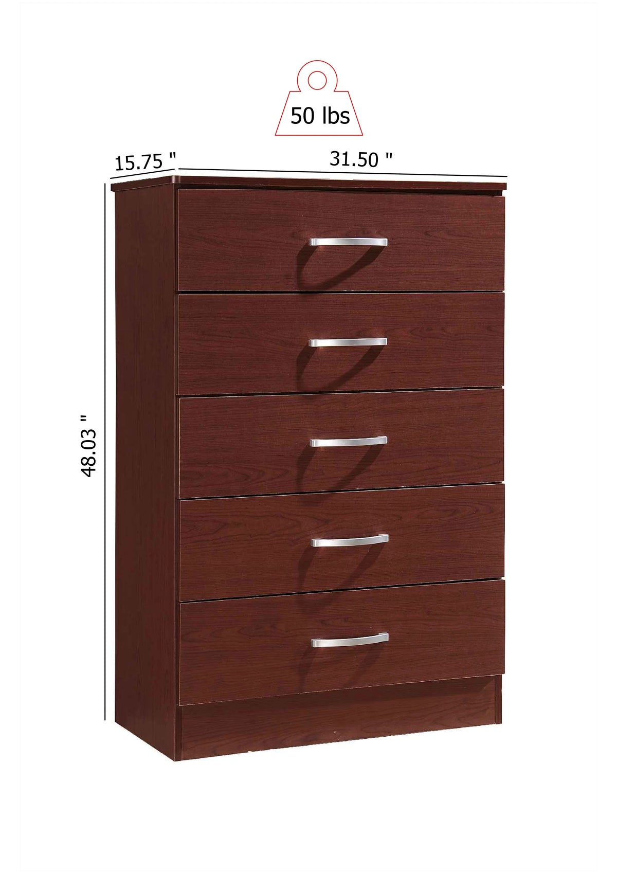 Hodedah 5 - Drawer Chest, Brown, Wood