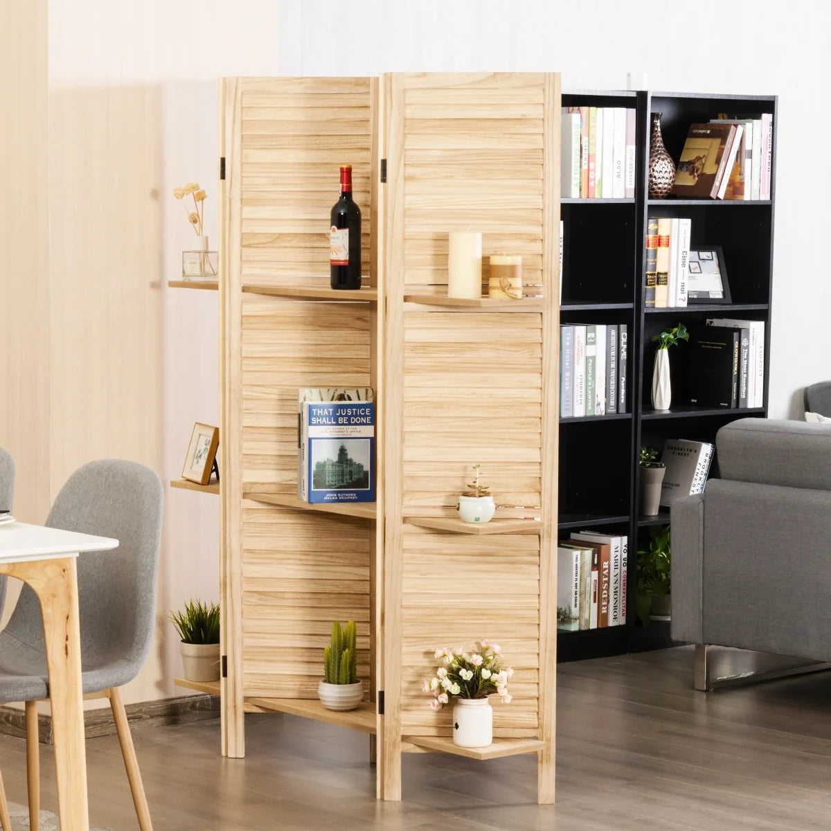 Costway 4 Panel Folding Room Divider Screen W/3 Display Shelves 5.6 Ft Tall