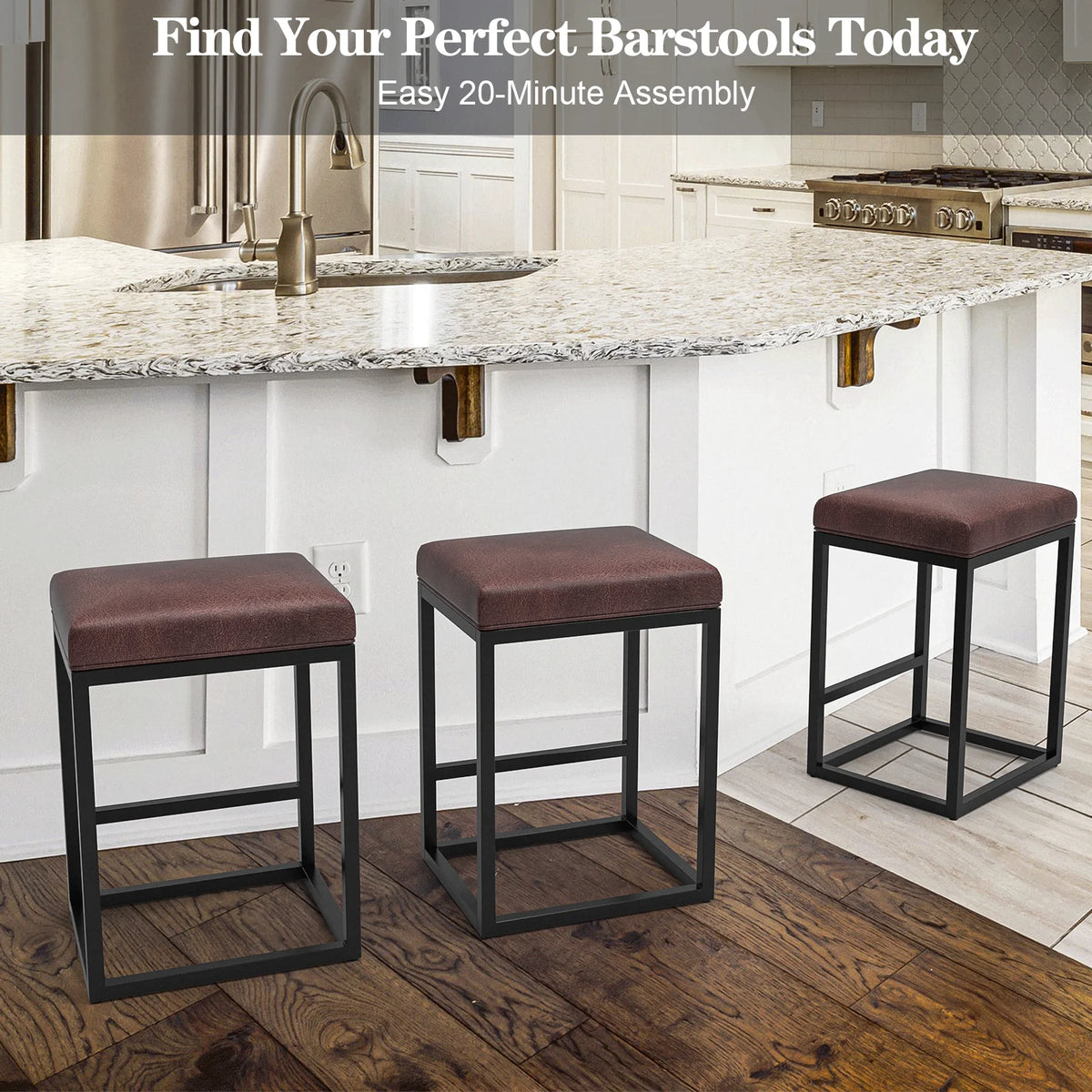 Nathaniel Home 24 Inch Bar Stools Set of 2, Modern PU Leather Metal Barstool, Backless Kitchen Dining Cafe Stool, Upholstered Bar Stool with Footrest, Gray