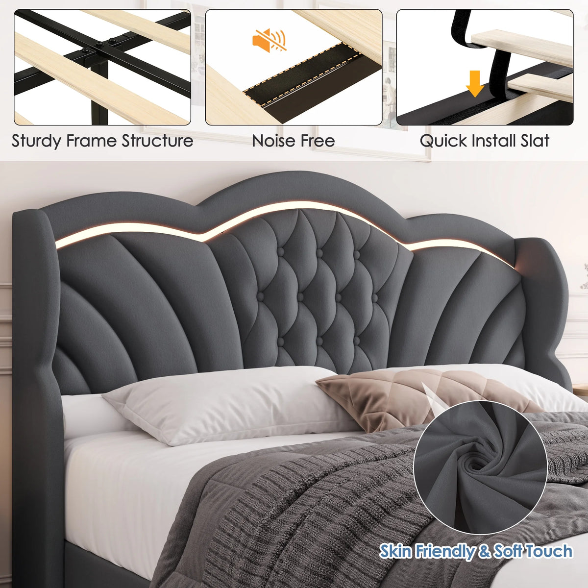 Hiphuta Modern Queen Bed Frame with 2 Drawers, LED Lights Platform Bed Frame, Sturdy Beds Frame with Upholstered Button Tufted Headboard, Velvet White
