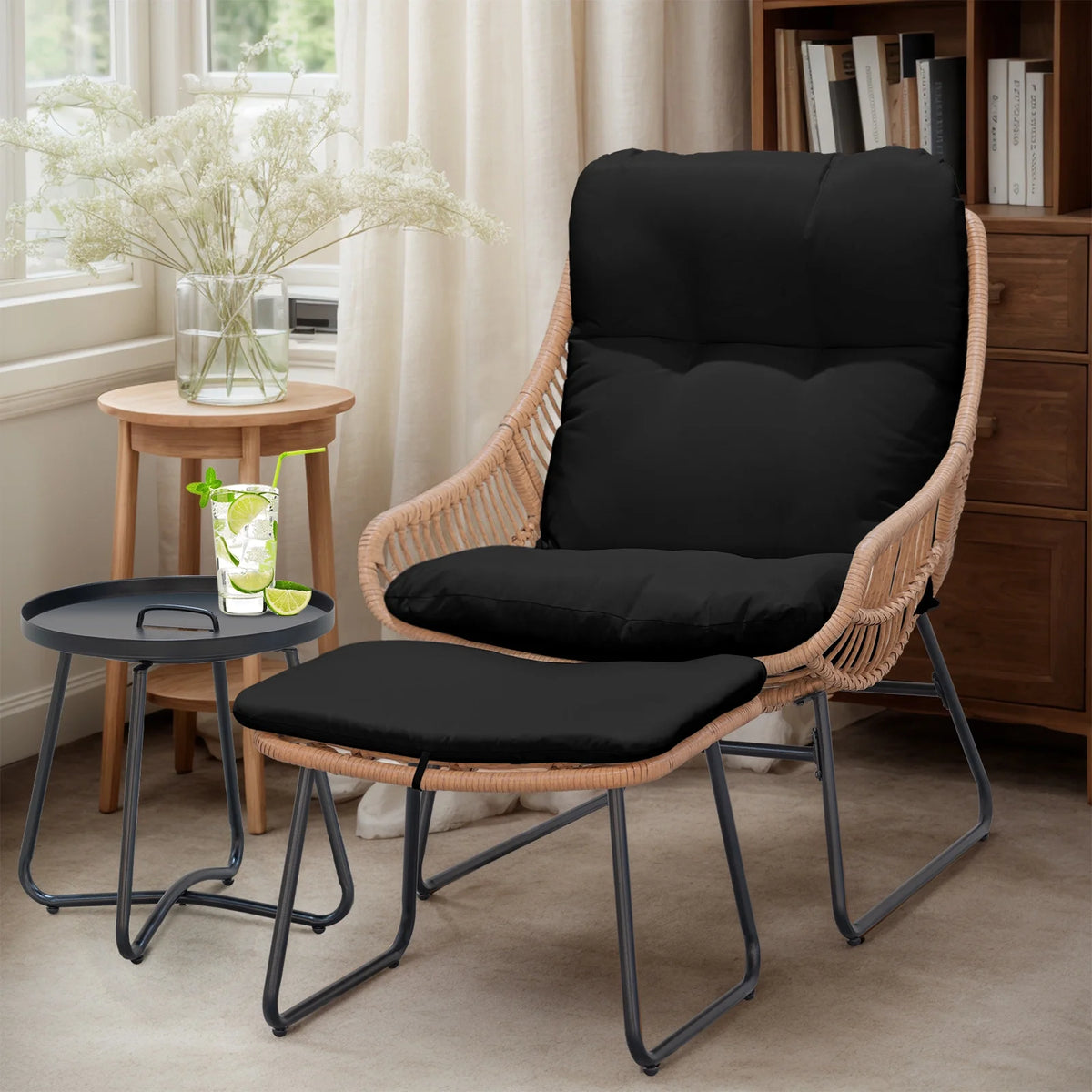 Tappio Wicker Papasan Egg Chair with Ottoman, Outdoor Patio Basket Lounge Chair Indoor Oversized Egg Lounger with Thick Cushion for Living Room Bedroom Balcony Porch, Black
