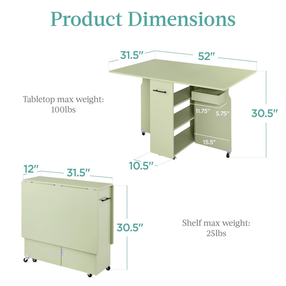 Best Choice Products Multipurpose Folding Table w/ Wheels, 3 Storage Shelves, Cubby, Handle - Brown