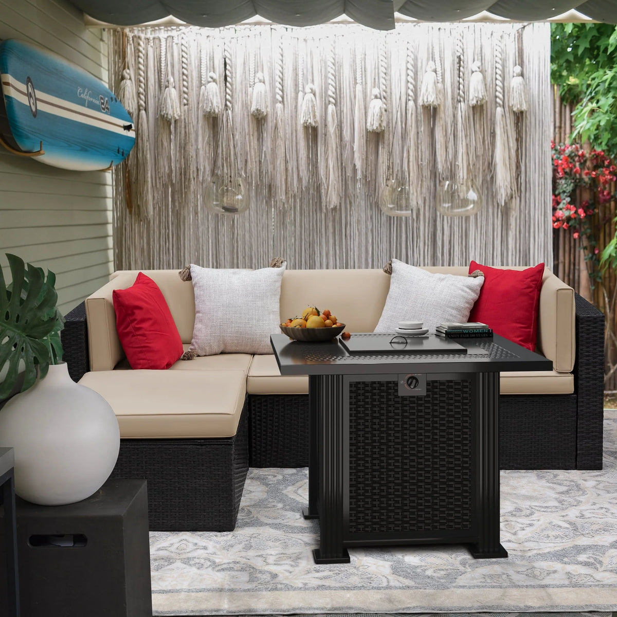 Devoko 6 Pieces Fire Pit Seating, Outdoor Sectional Rattan Sofa Set with 40000 BTU Propane Fire Pit Table