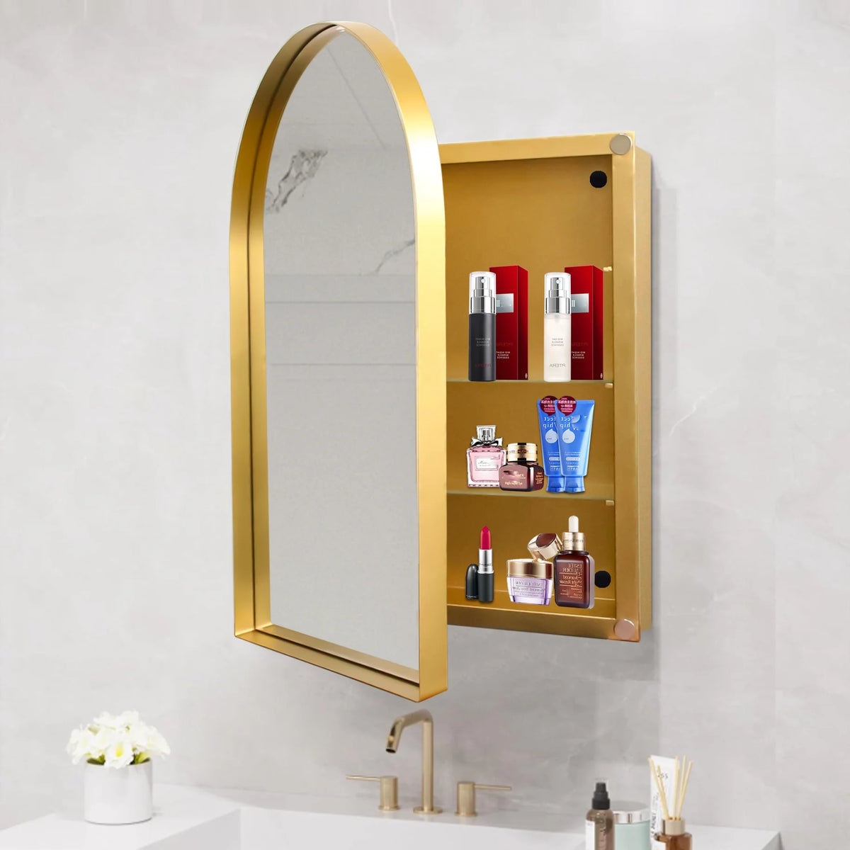 16x24 Inch Bathroom Mirror Cabinet with Adjustable Glass Shelves, Recessed Metal Framed Medicine Cabinet for Storage, Matte Gold