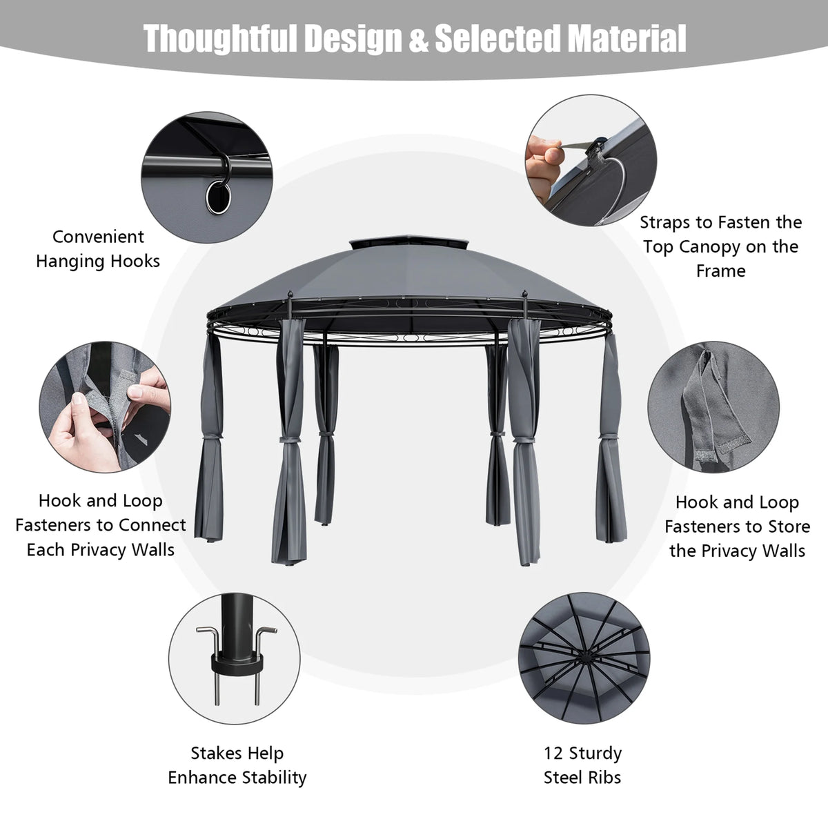 Gymax 11.5' Outdoor Patio Round Dome Gazebo Canopy Shelter Double Roof Steel Gray