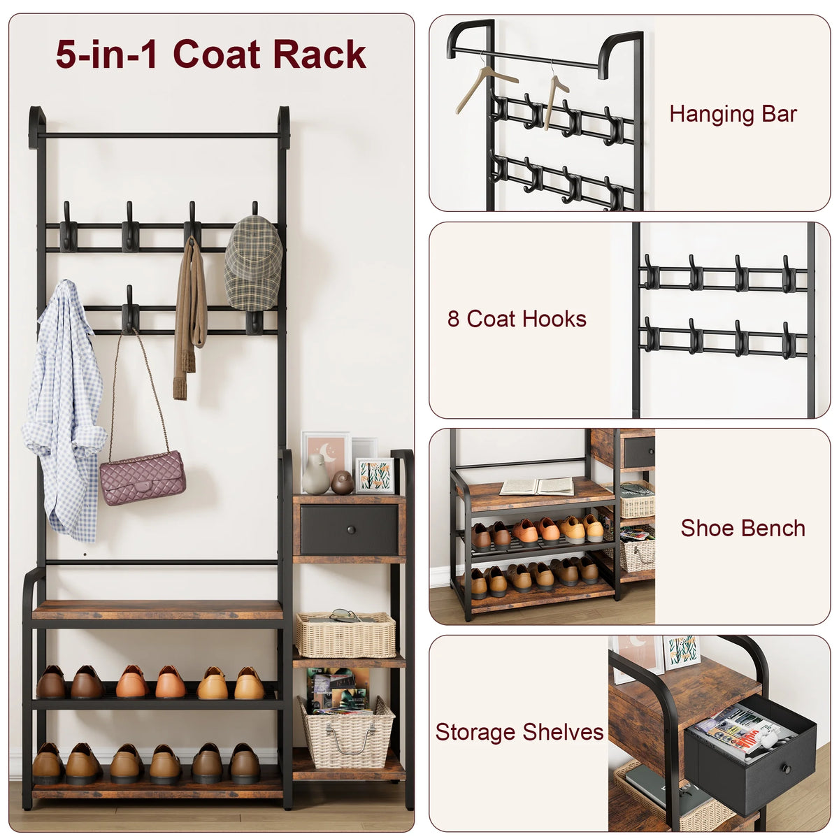 Zzistar Hall Tree Storage Bench, Coat Rack Shoe Bench with Storage Drawer, 5 in 1 Coat Tree Storage Shelf with 8 Hooks