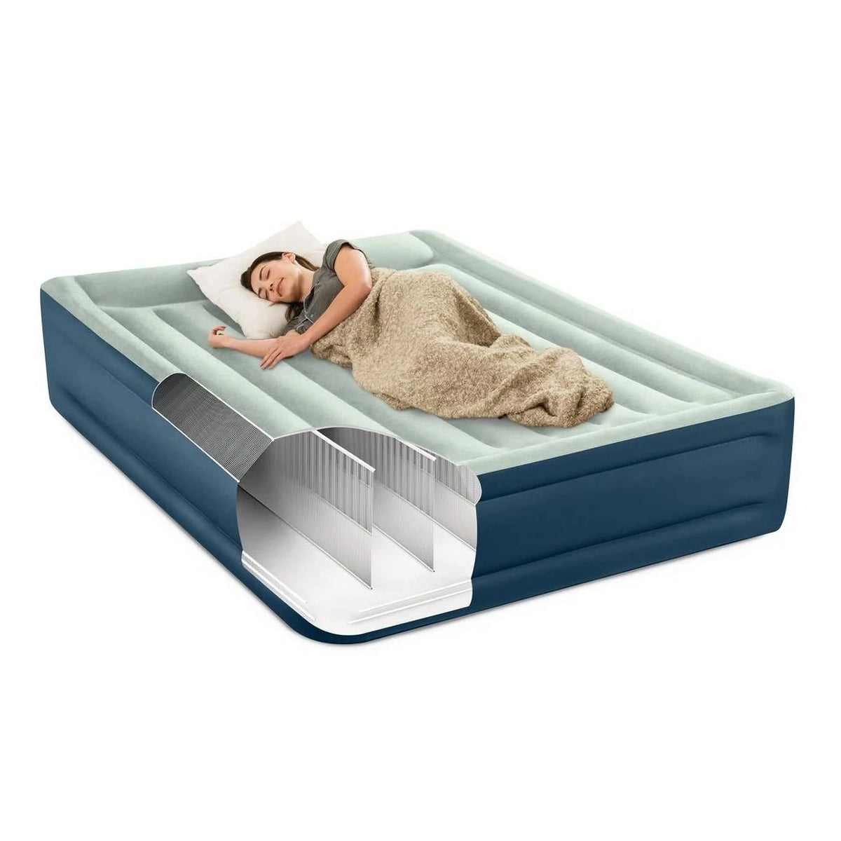 Intex Air Mattress Off-White/Blue QUEEN Elevated 18" Rest Internal Pump