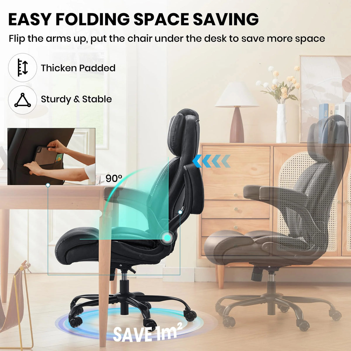 Ninecer 500lbs Big and Tall Office Chair with Inflatable Lumbar Support, Ergonomic Executive Desk Chair with Extra Wide Seat, Adjustable Height Computer Chair, Heavy Duty Leather Office Chair, Black