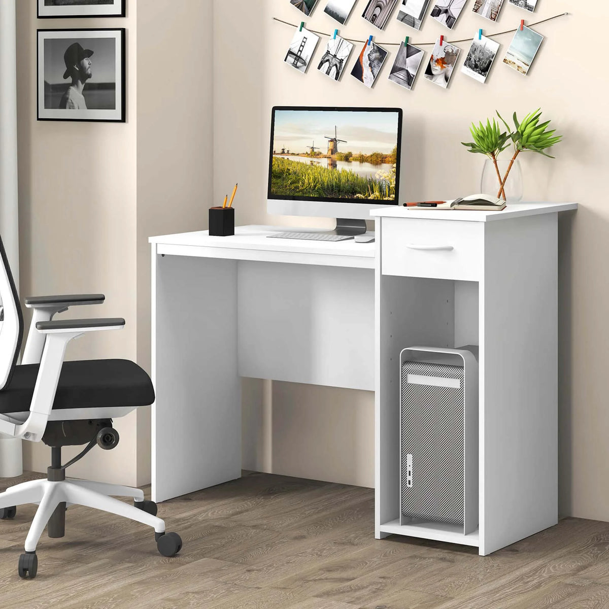 Costway Computer Desk with Drawer Modern Laptop PC Desk with Adjustable Shelf & Cable Hole
