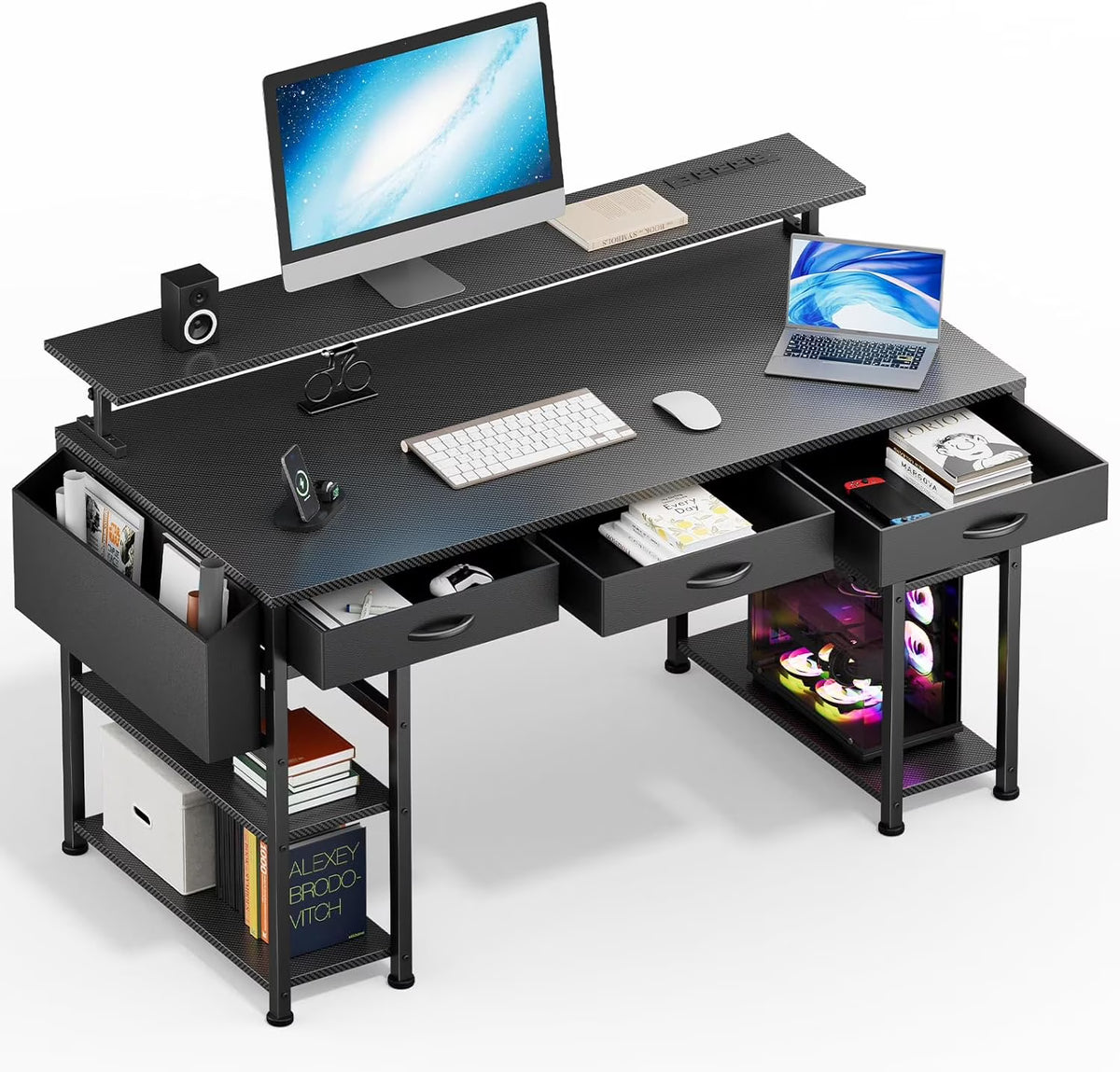 Upgo 55" Gaming Desk with Adjustable Storage Rack & LED Lights, Power Outlets for Adult and Teen